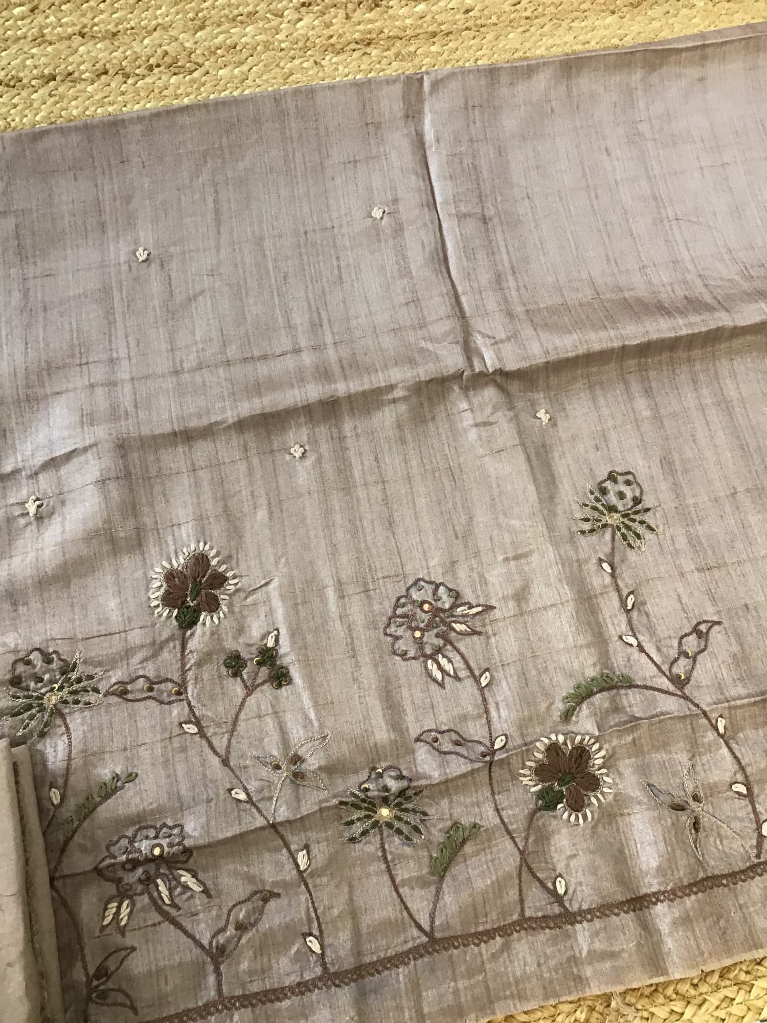 Soft Fine Semi Tussar Printed Embroidered Suit - Brown