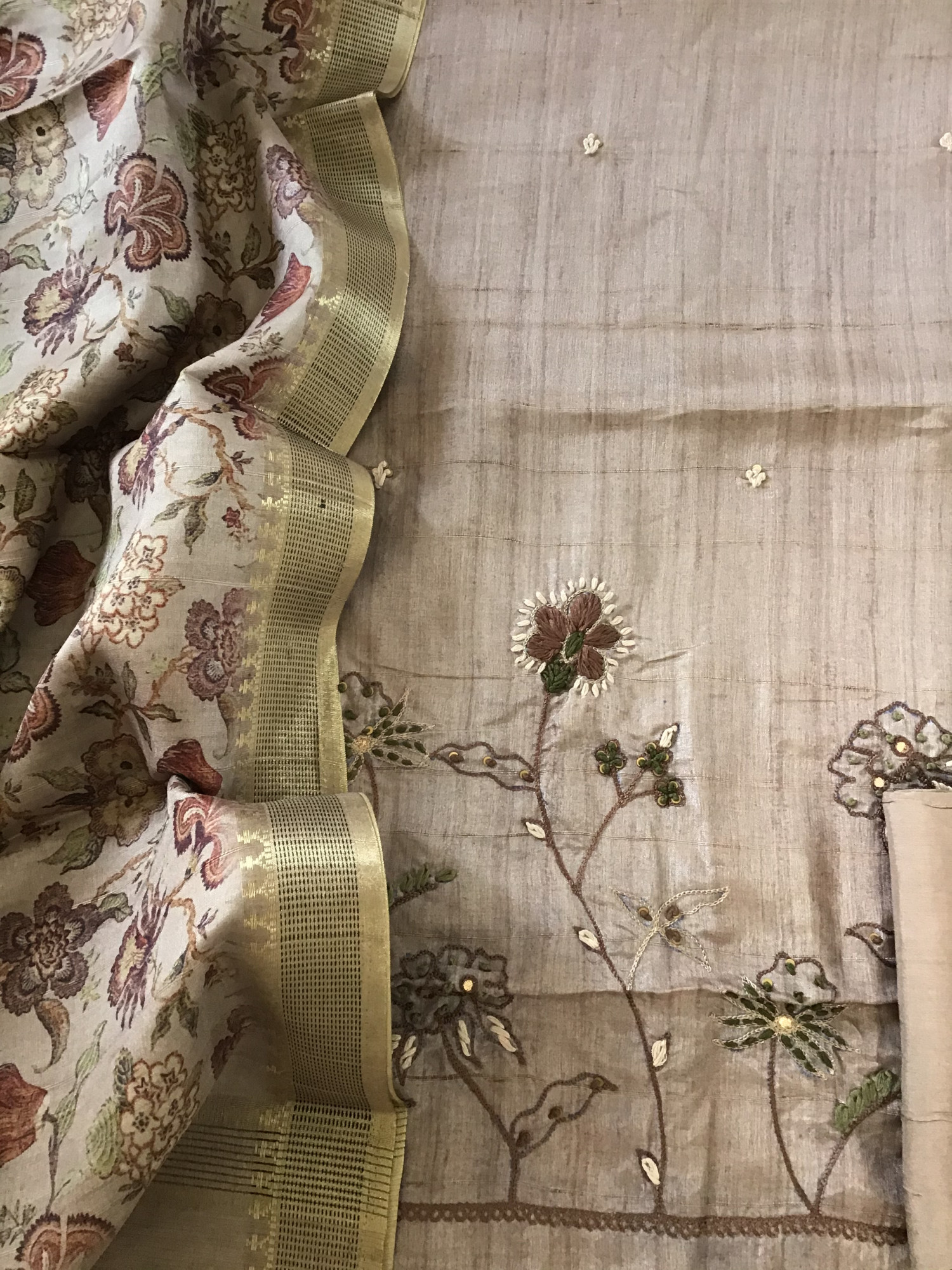 Soft Fine Semi Tussar Printed Embroidered Suit - Brown