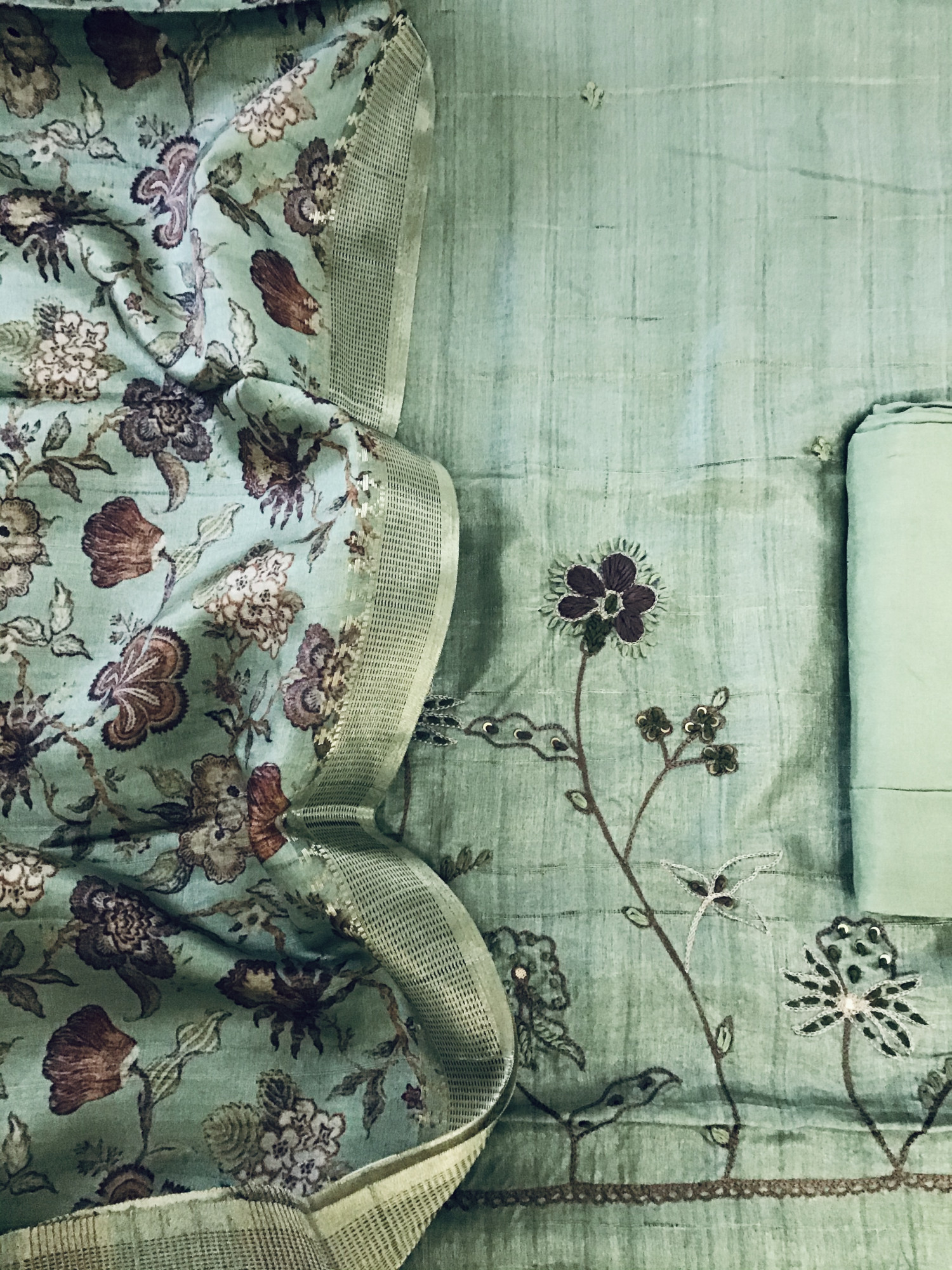 Soft Fine Semi Tussar Printed Embroidered Suit - Bluish Green