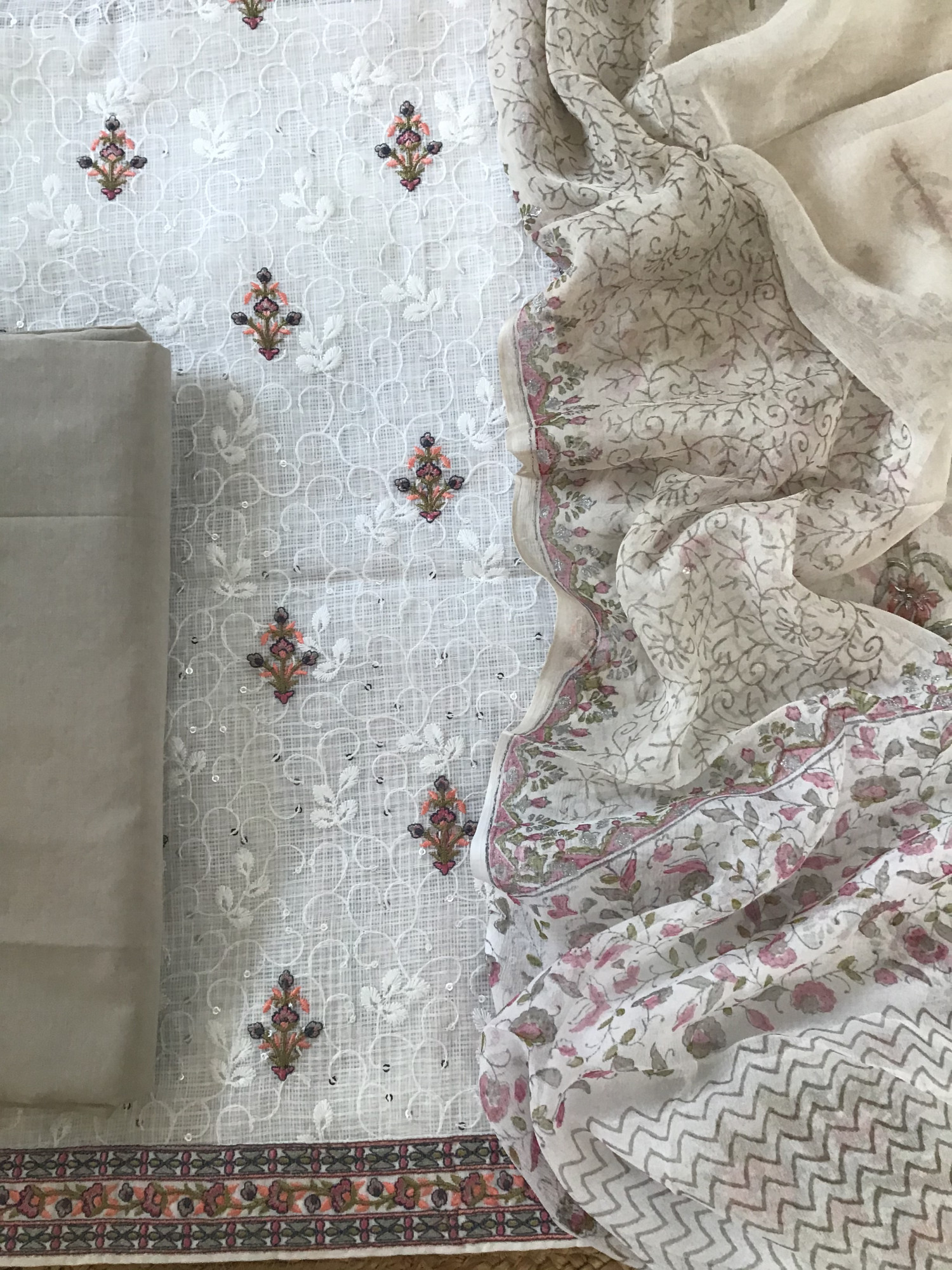 Pure Kota Cotton Embroidered Suit - WhiteBrown