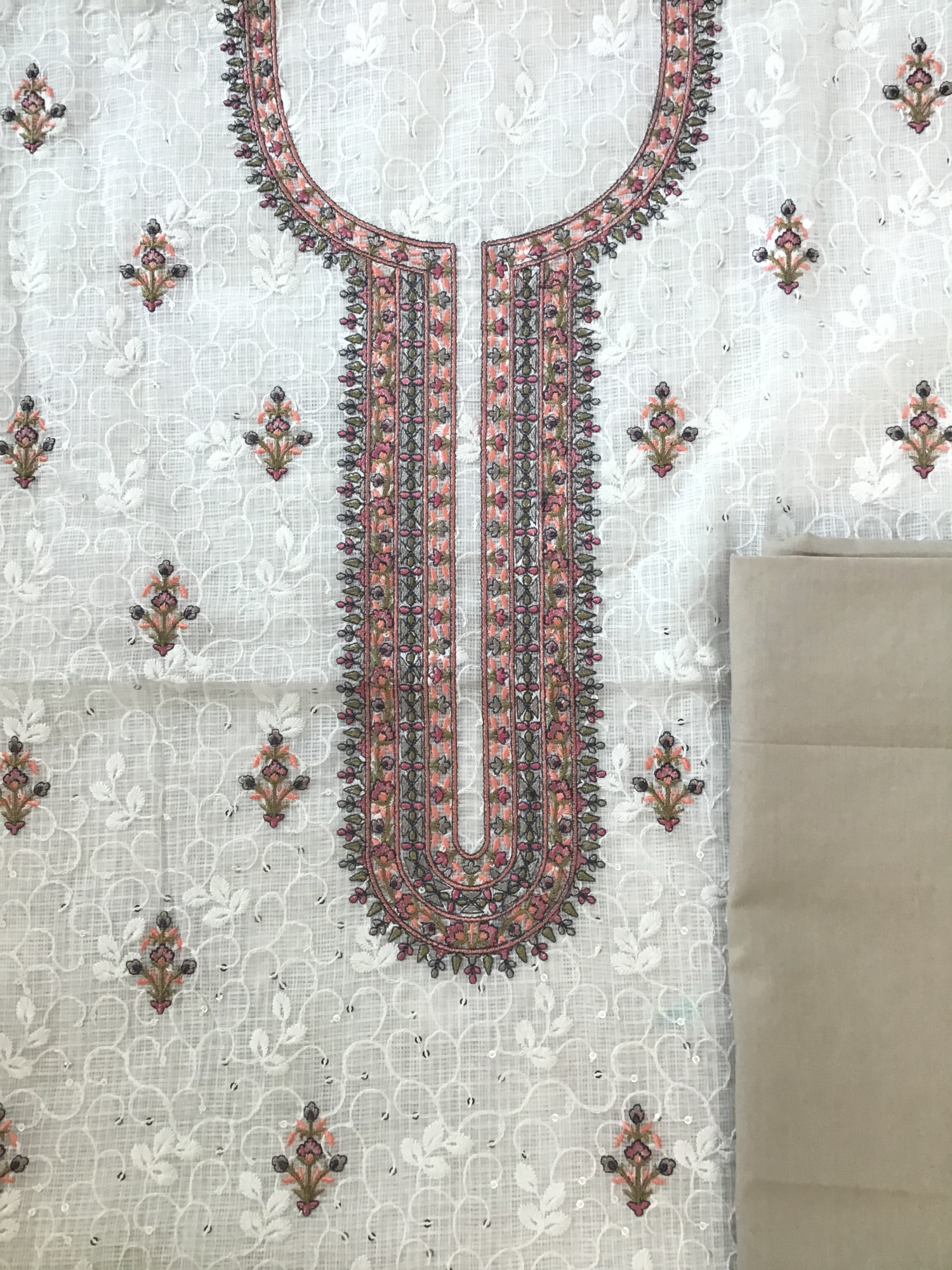 Pure Kota Cotton Embroidered Suit - WhiteBrown