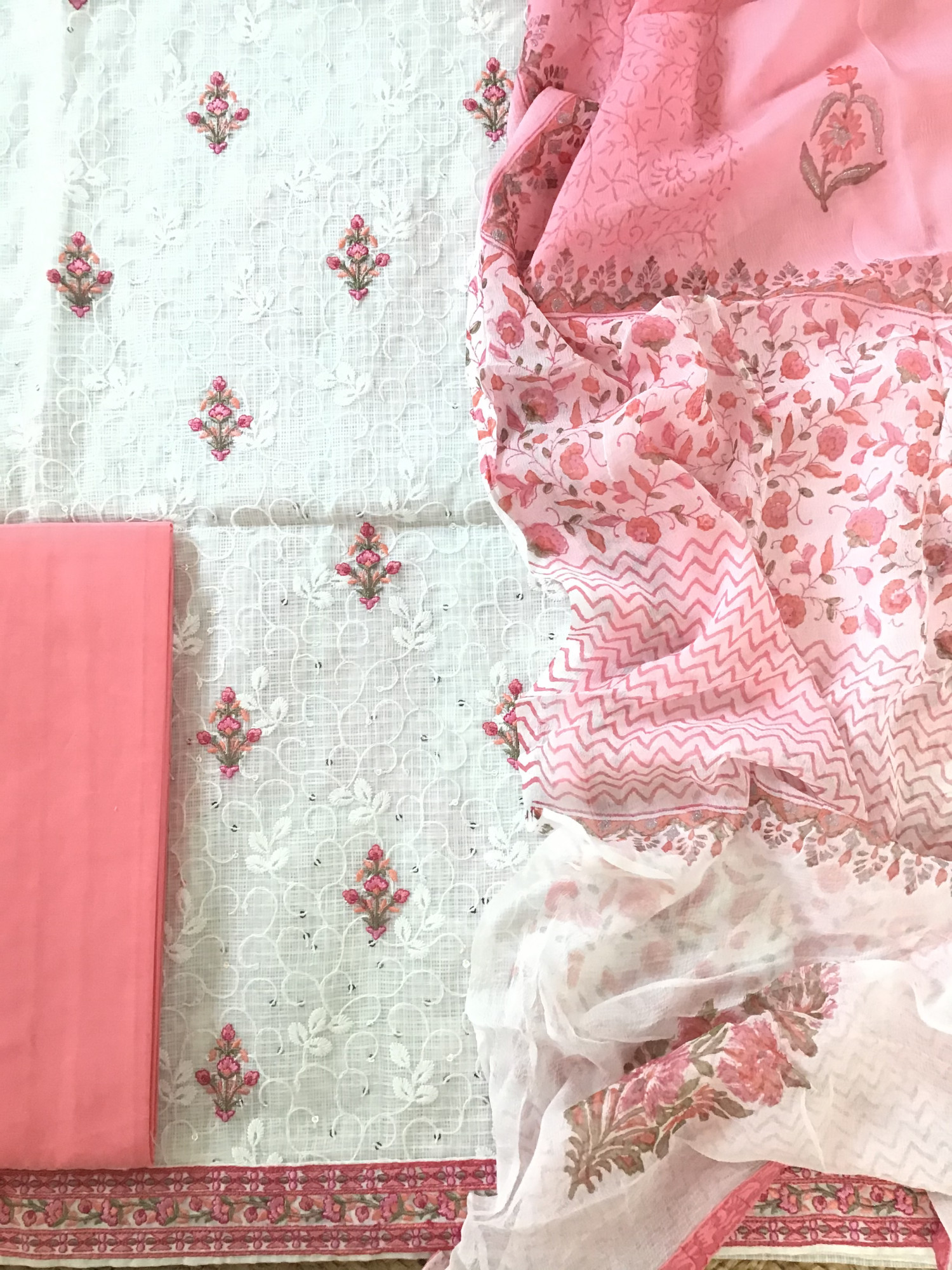 Pure Kota Cotton Embroidered Suit - WhitePink