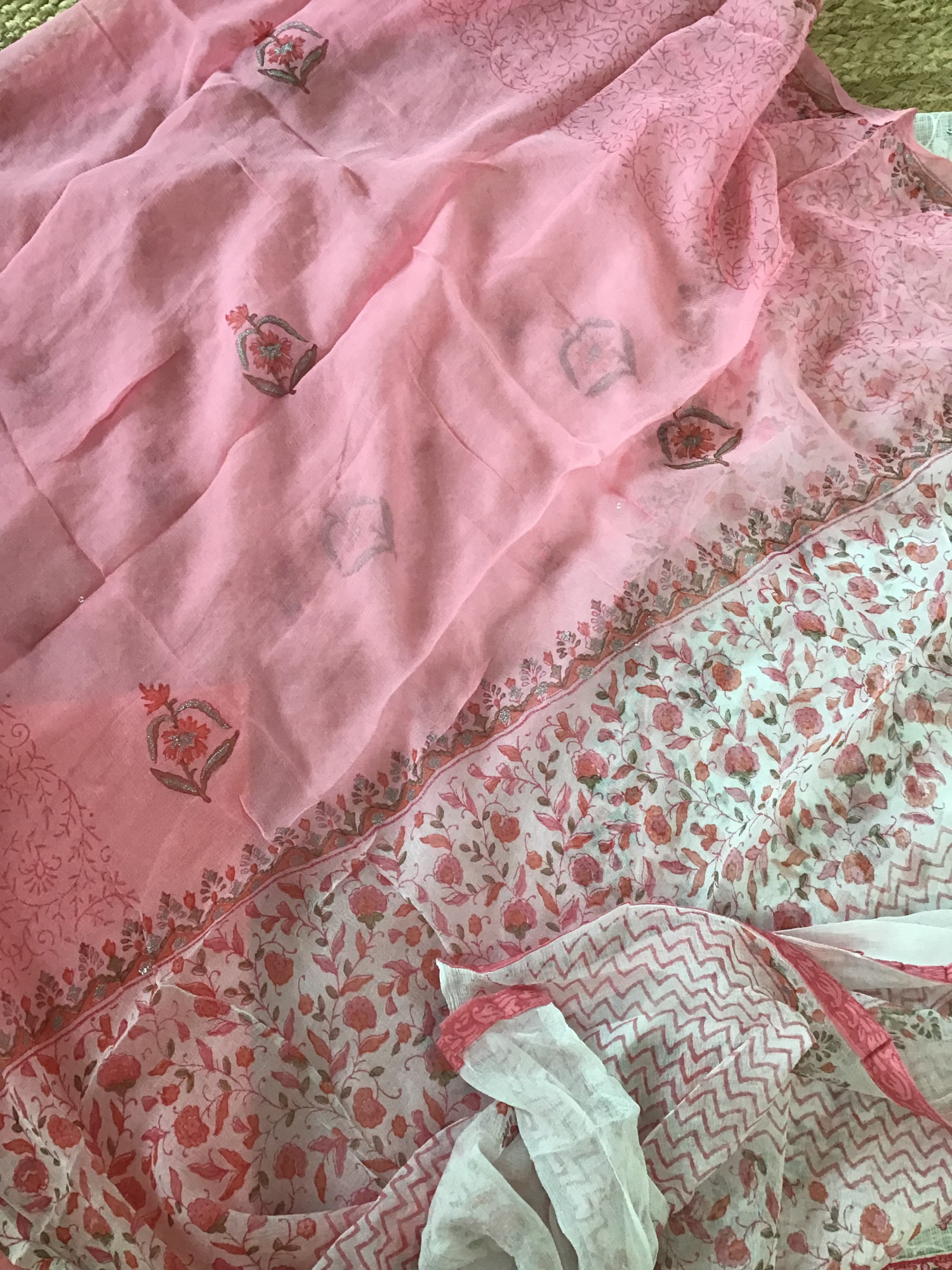 Pure Kota Cotton Embroidered Suit - WhitePink