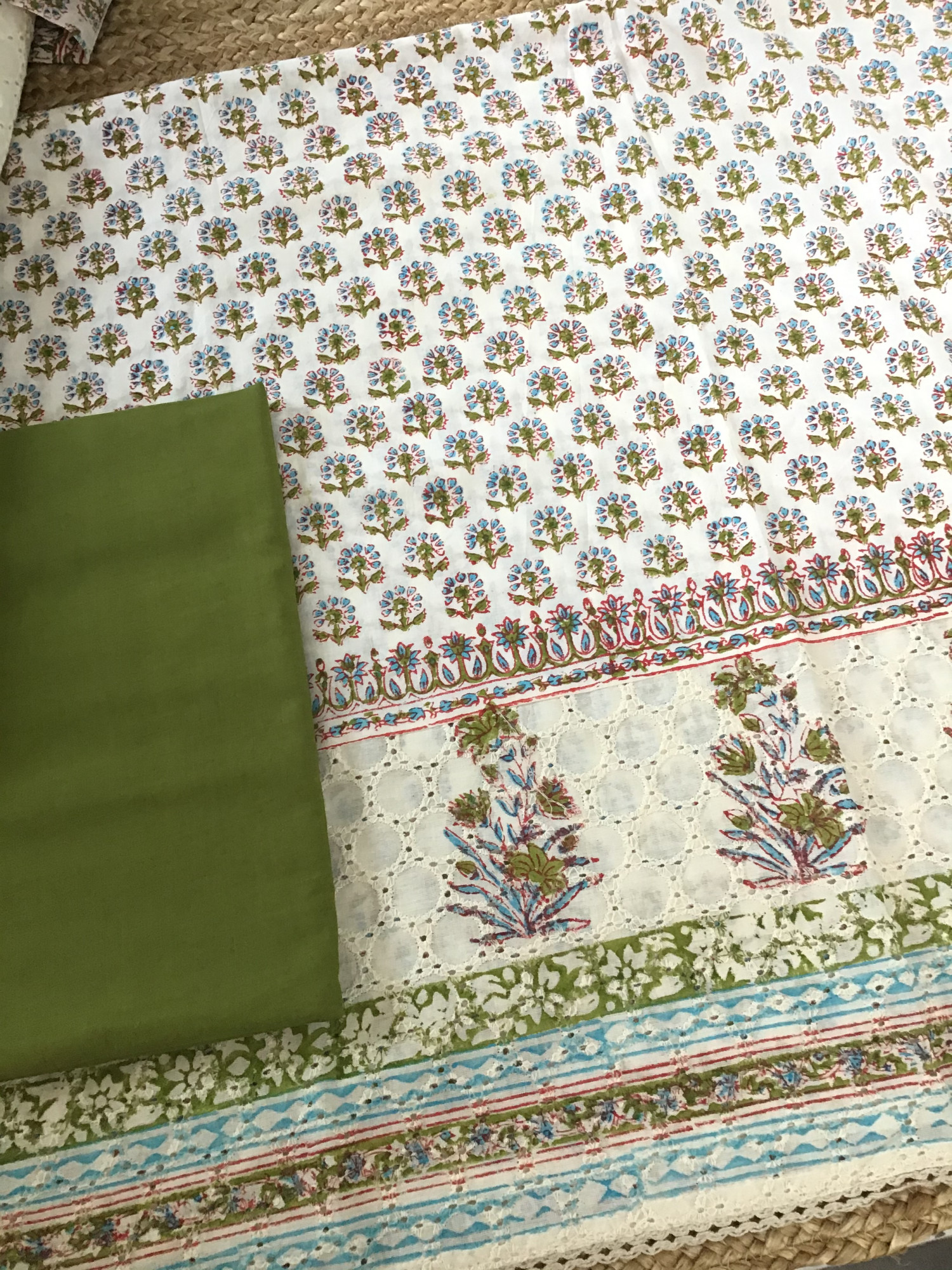 Pure Cotton Printed Embroidered Suit - OffwhiteGreen