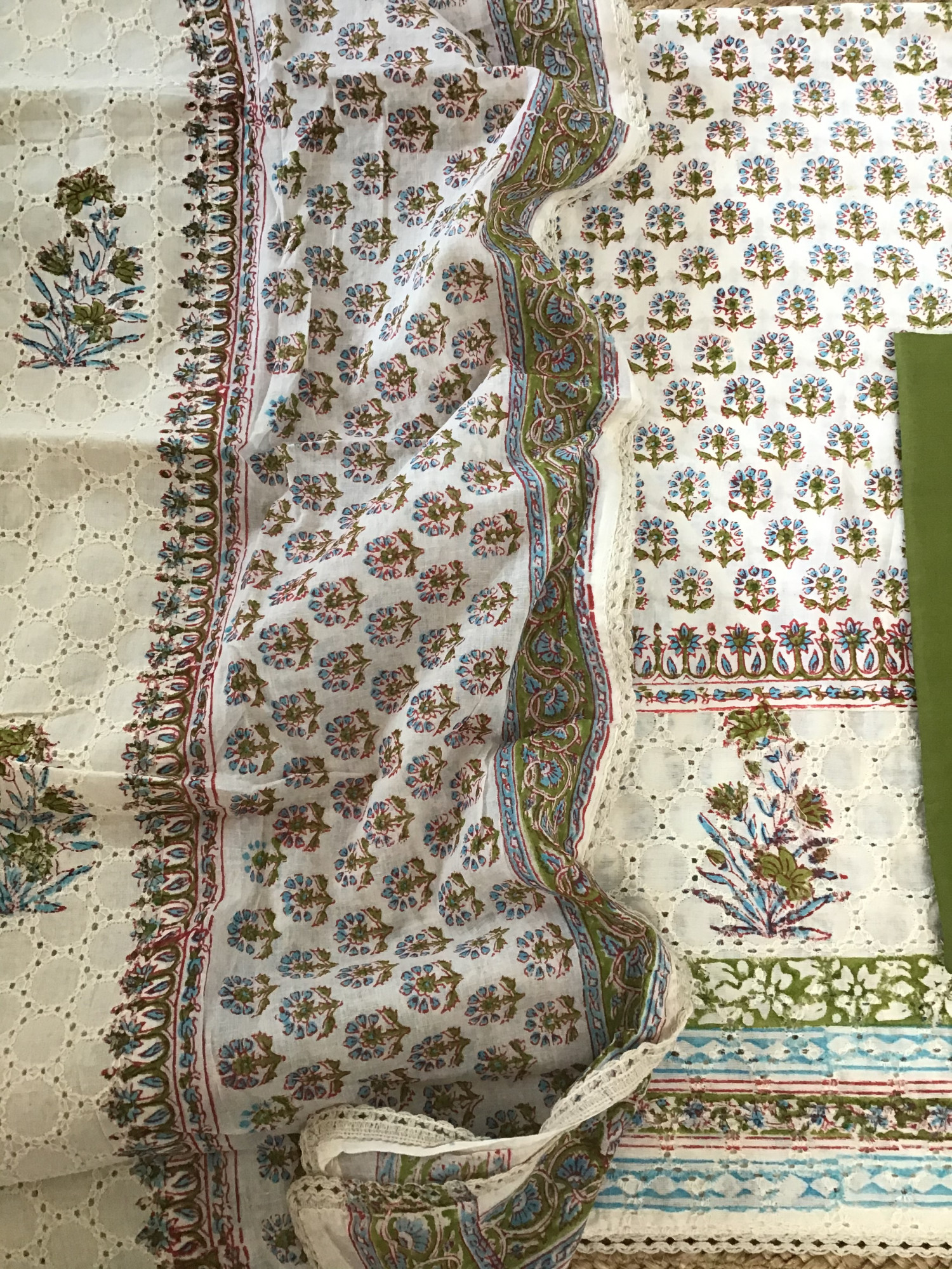 Pure Cotton Printed Embroidered Suit - OffwhiteGreen