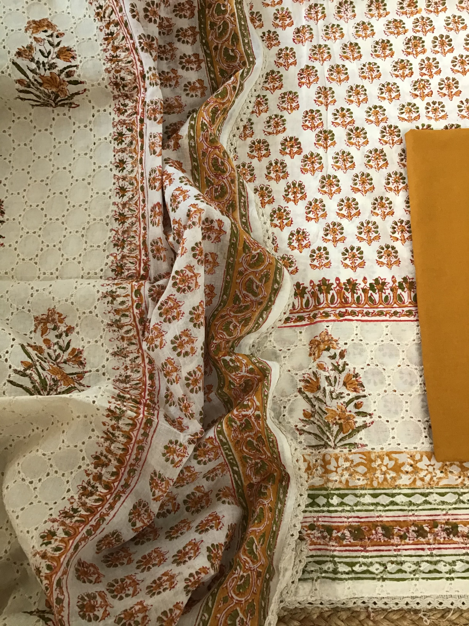 Pure Cotton Printed Embroidered Suit - OffwhiteOrange