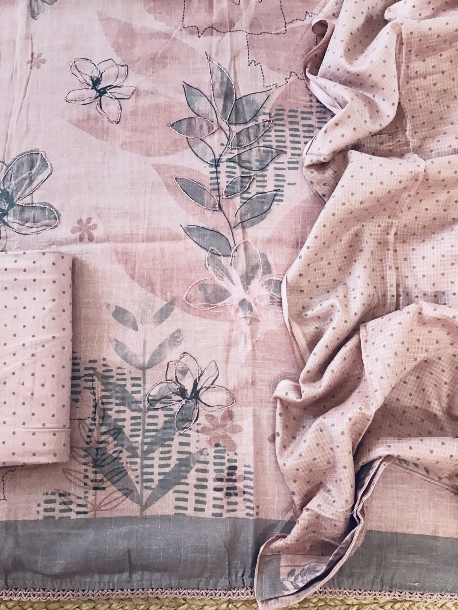 Soft Slub Cotton Printed Embroidered Suit - Pink