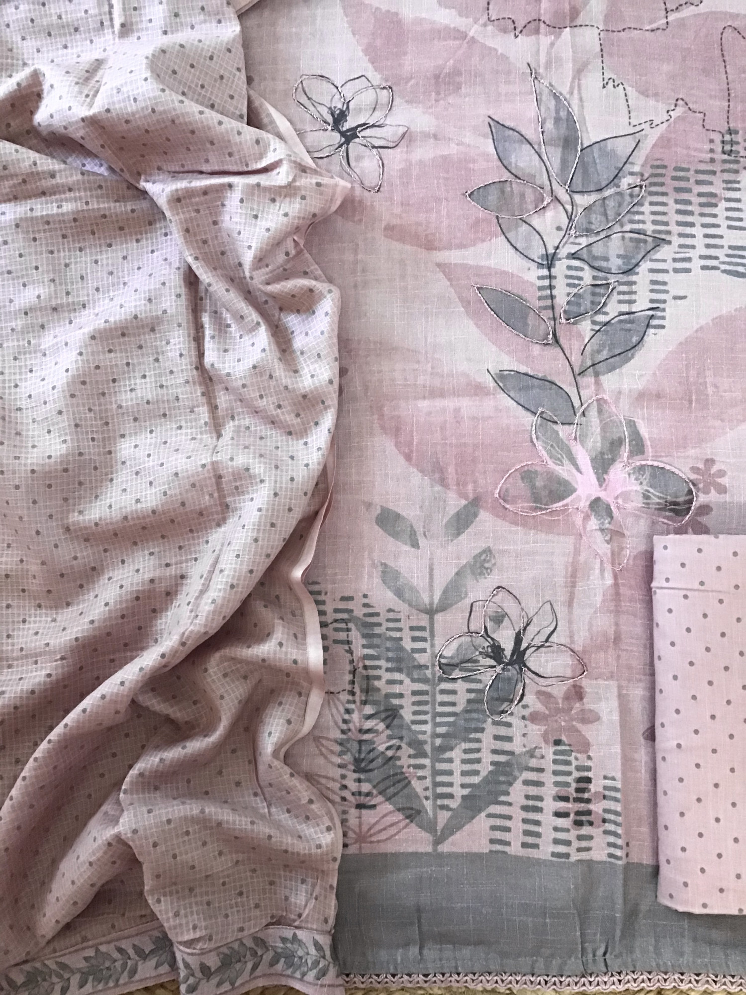 Soft Slub Cotton Printed Embroidered Suit - Pink