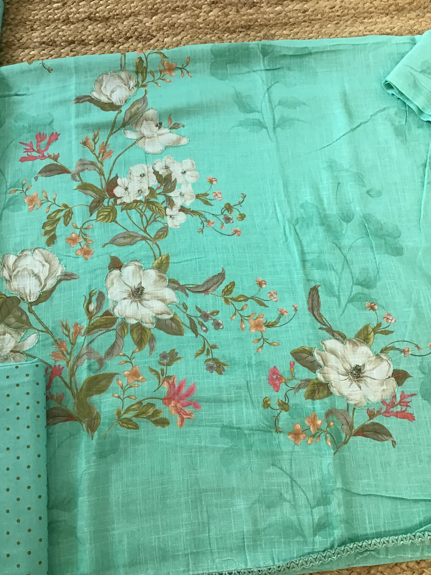 Soft Slub Cotton Printed Embroidered Suit - Green