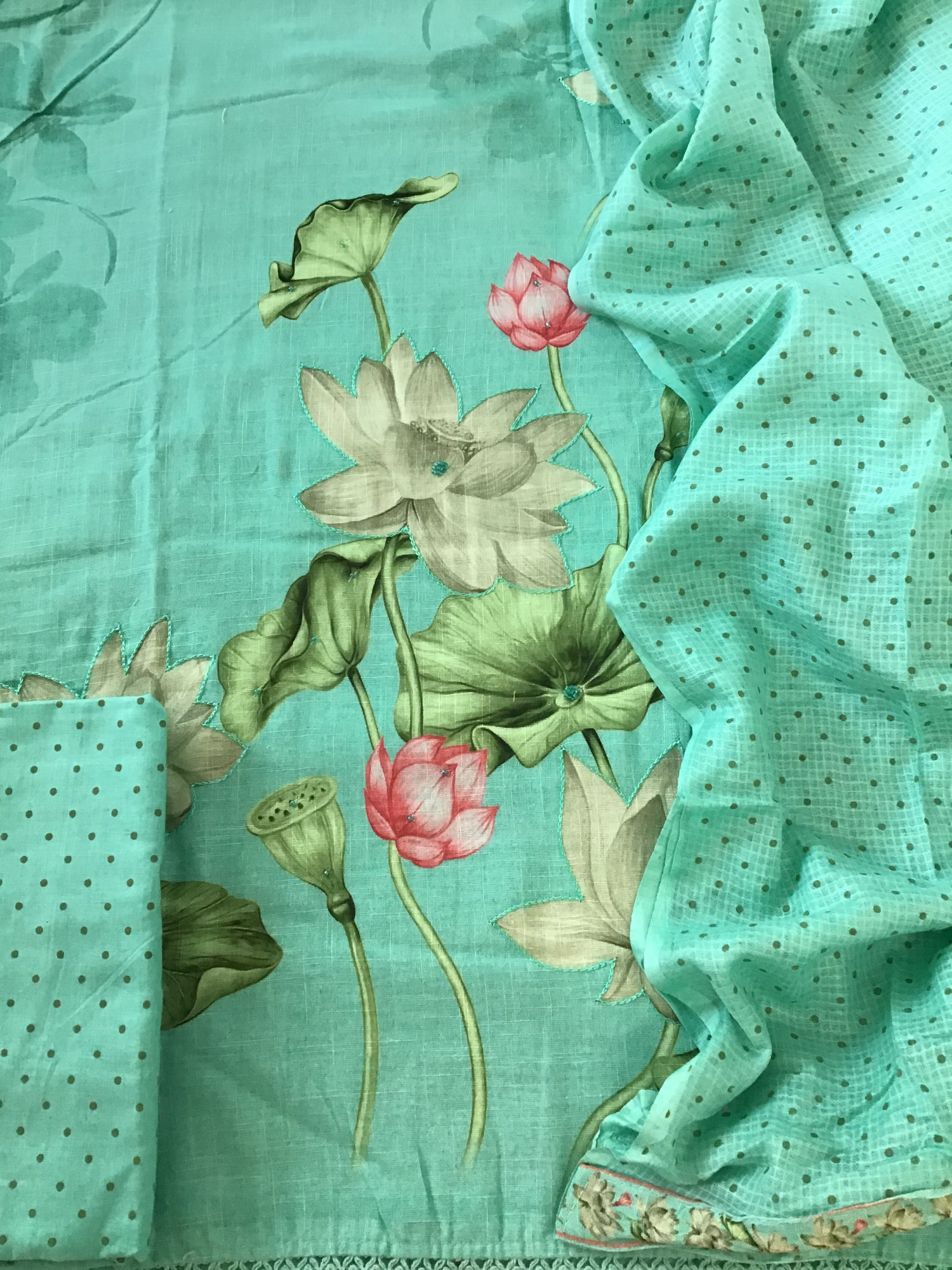 Soft Slub Cotton Printed Embroidered Suit - Green