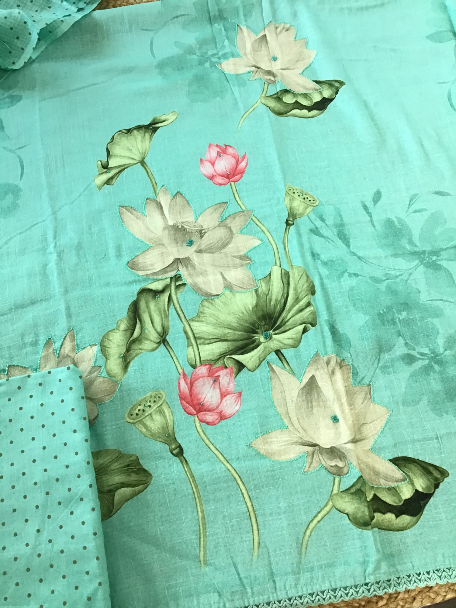 Soft Slub Cotton Printed Embroidered Suit - Green