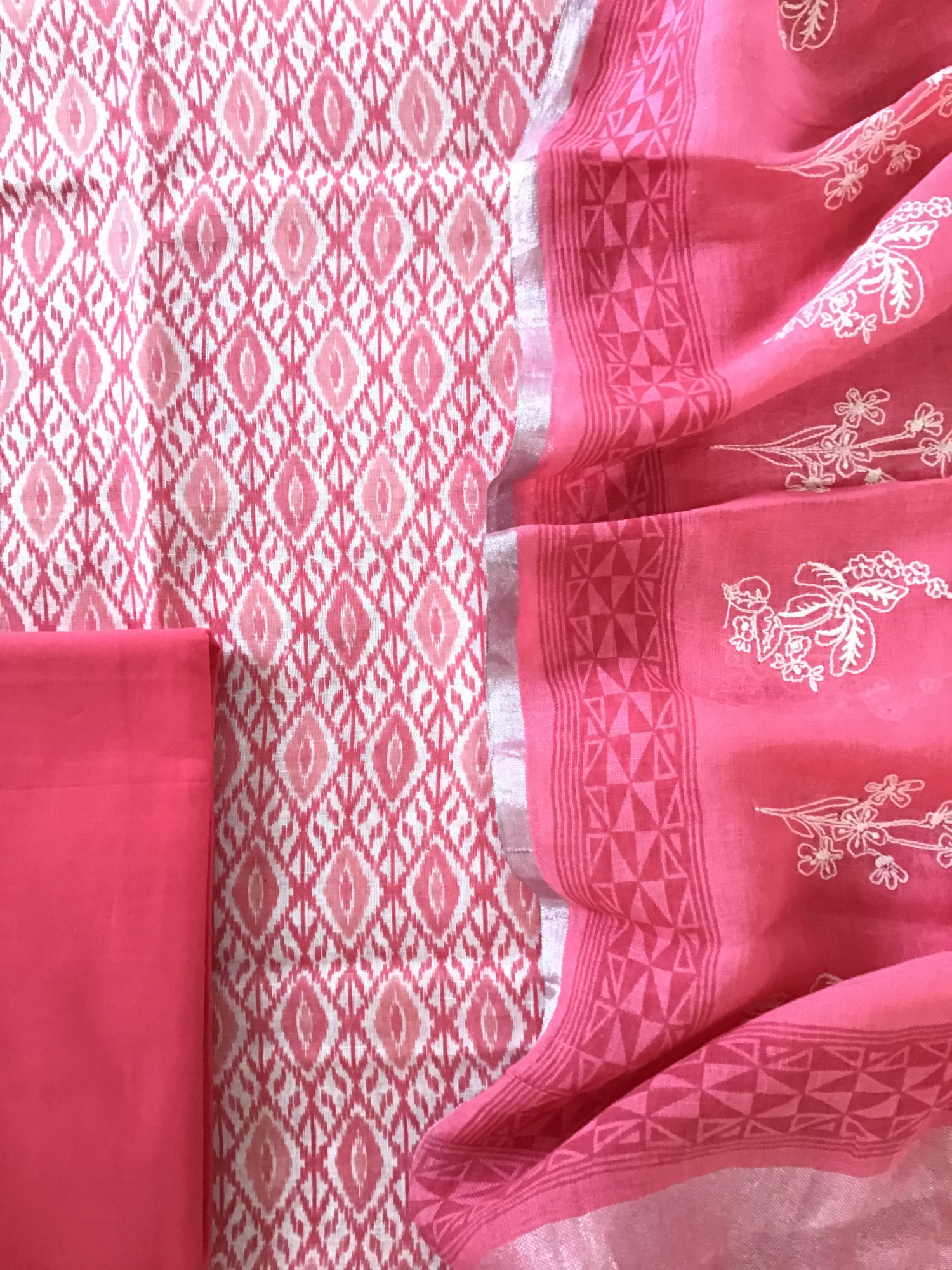 Pure Linen Jute Cotton Printed Embroidered Suit - Pink