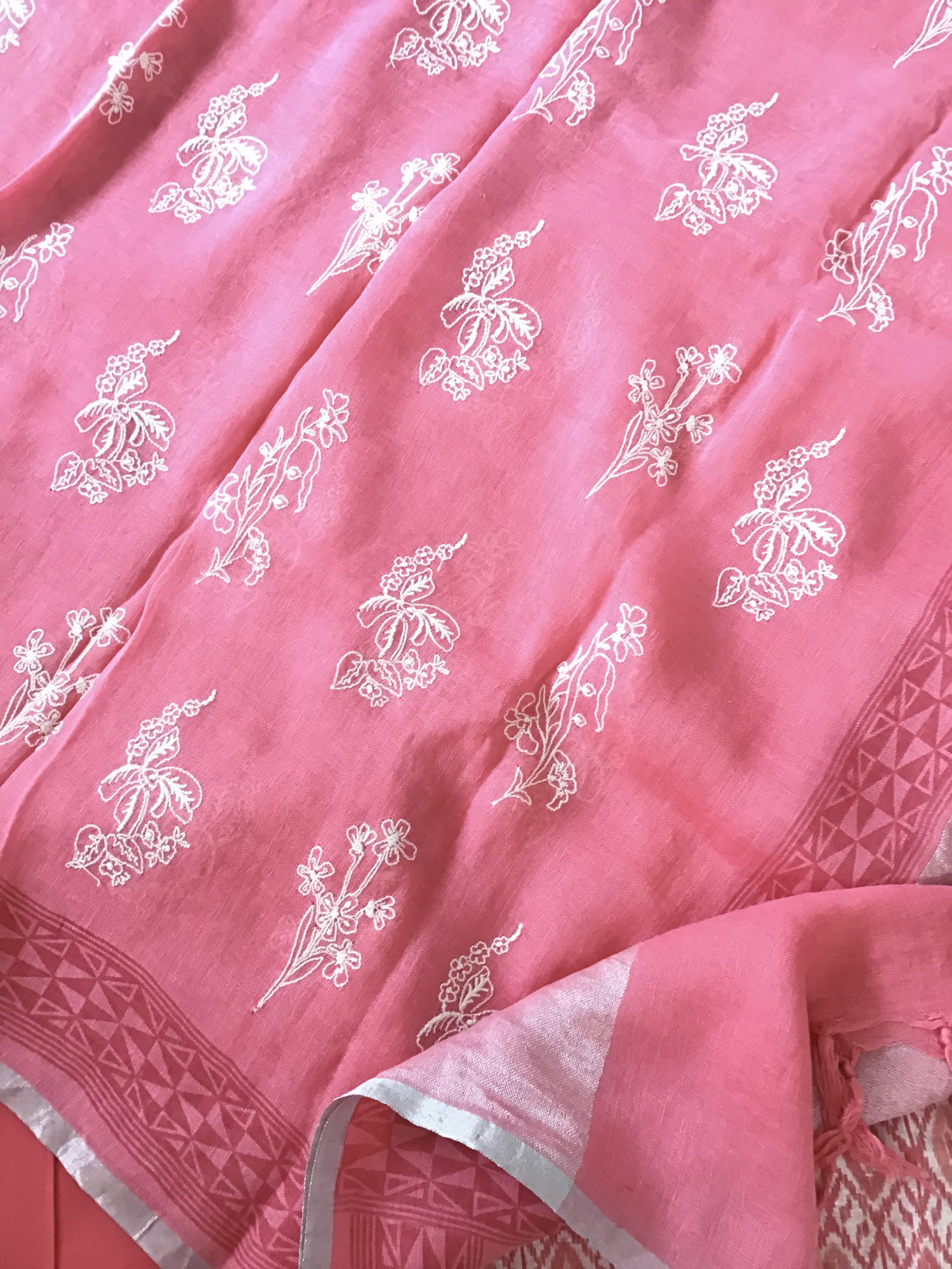 Pure Linen Jute Cotton Printed Embroidered Suit - Pink