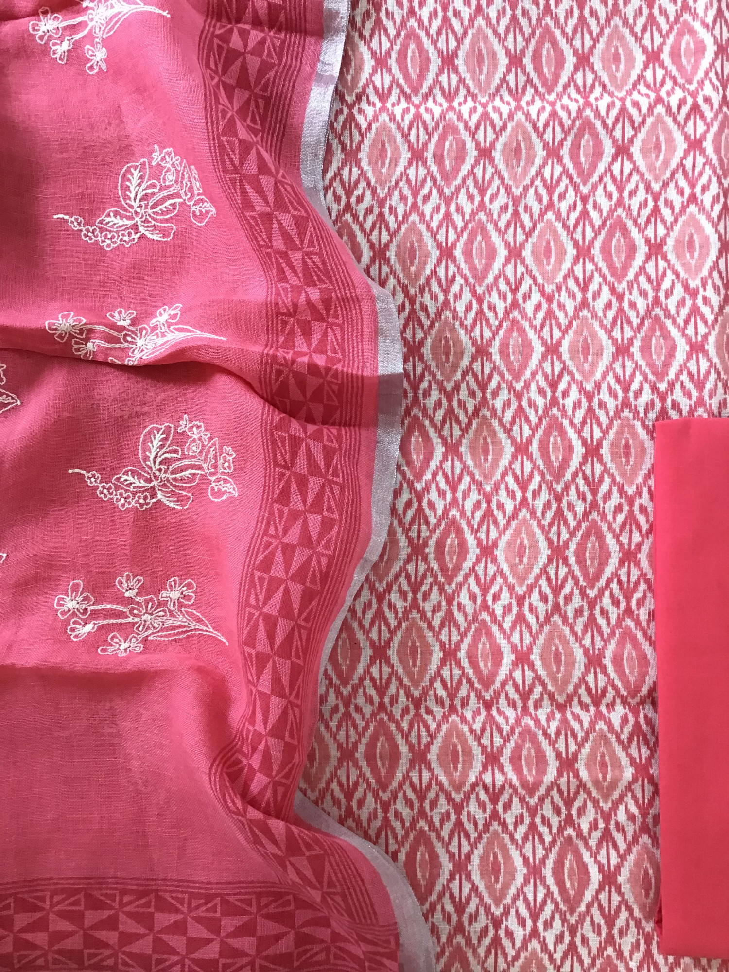 Pure Linen Jute Cotton Printed Embroidered Suit - Pink