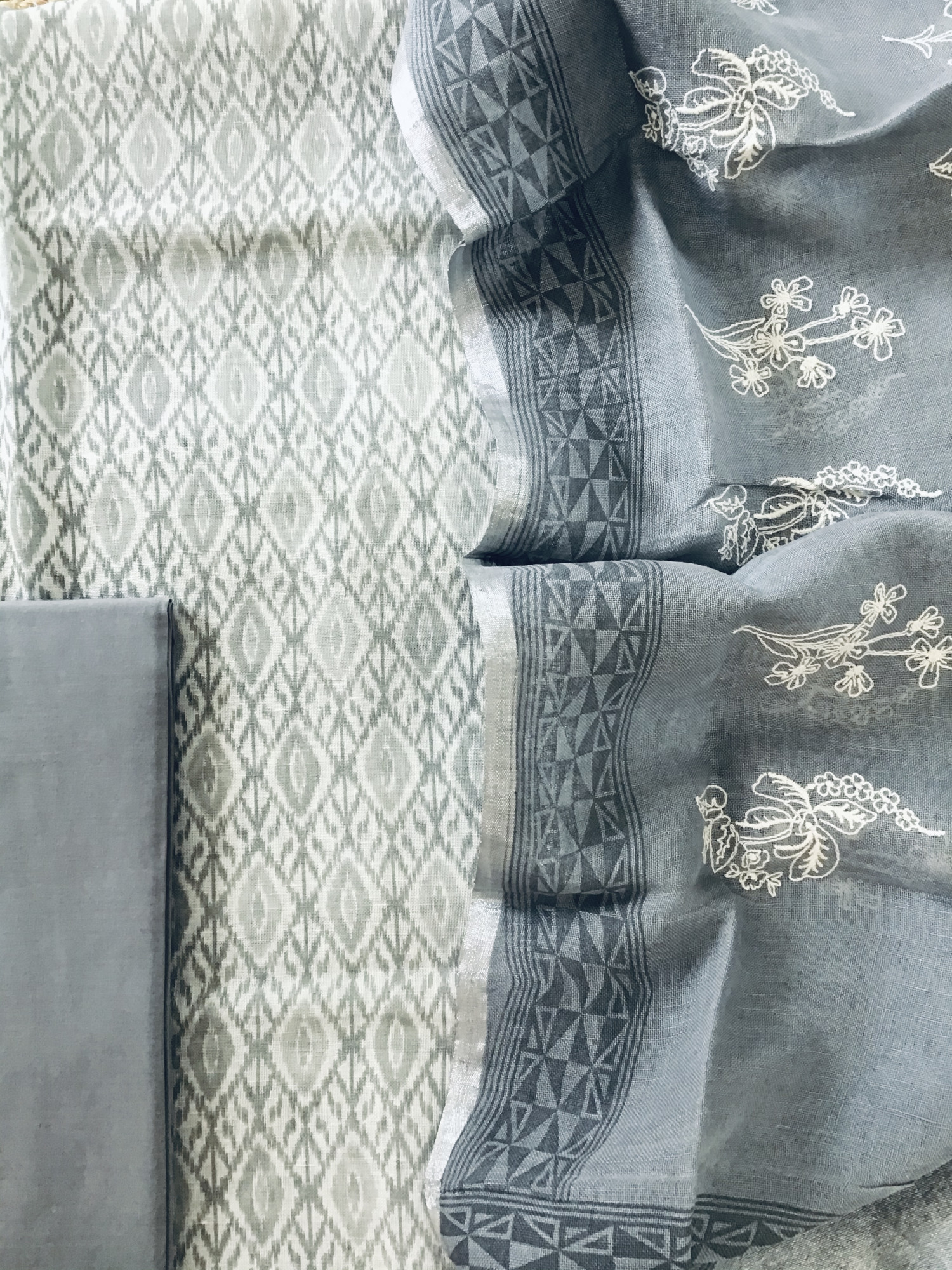 Pure Linen Jute Cotton Printed Embroidered Suit - Grey