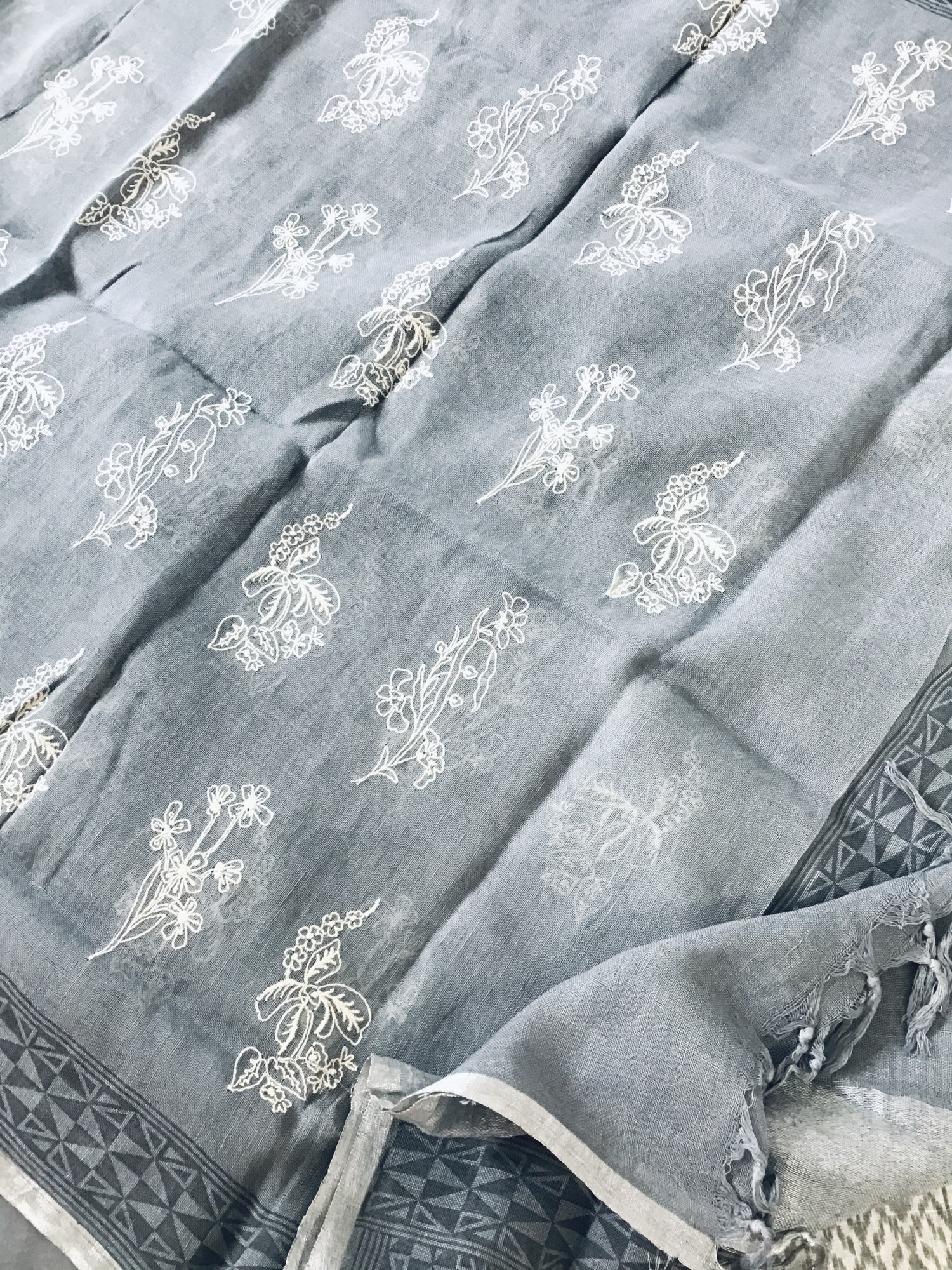 Pure Linen Jute Cotton Printed Embroidered Suit - Grey