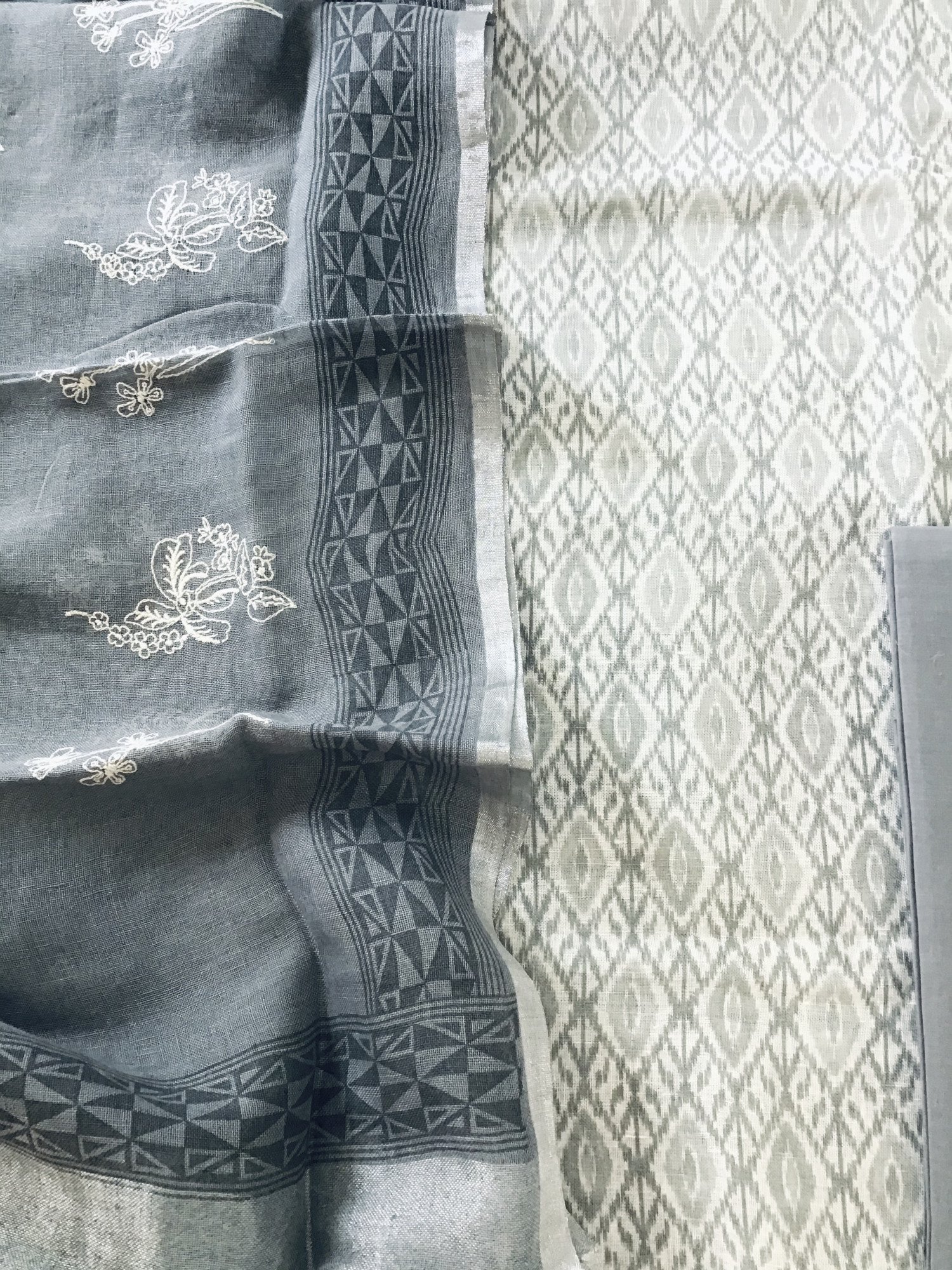 Pure Linen Jute Cotton Printed Embroidered Suit - Grey