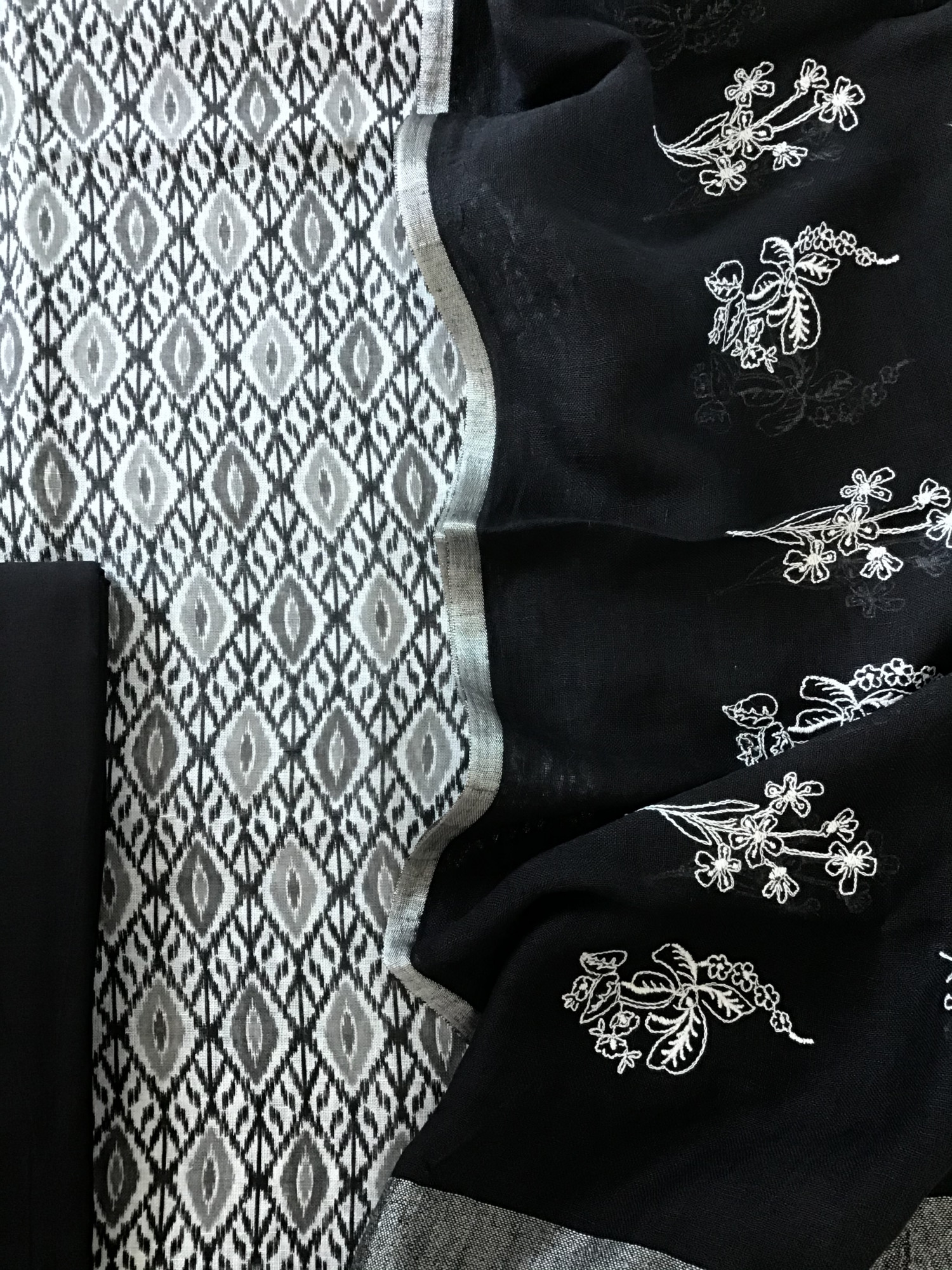 Pure Linen Jute Cotton Printed Embroidered Suit - Black