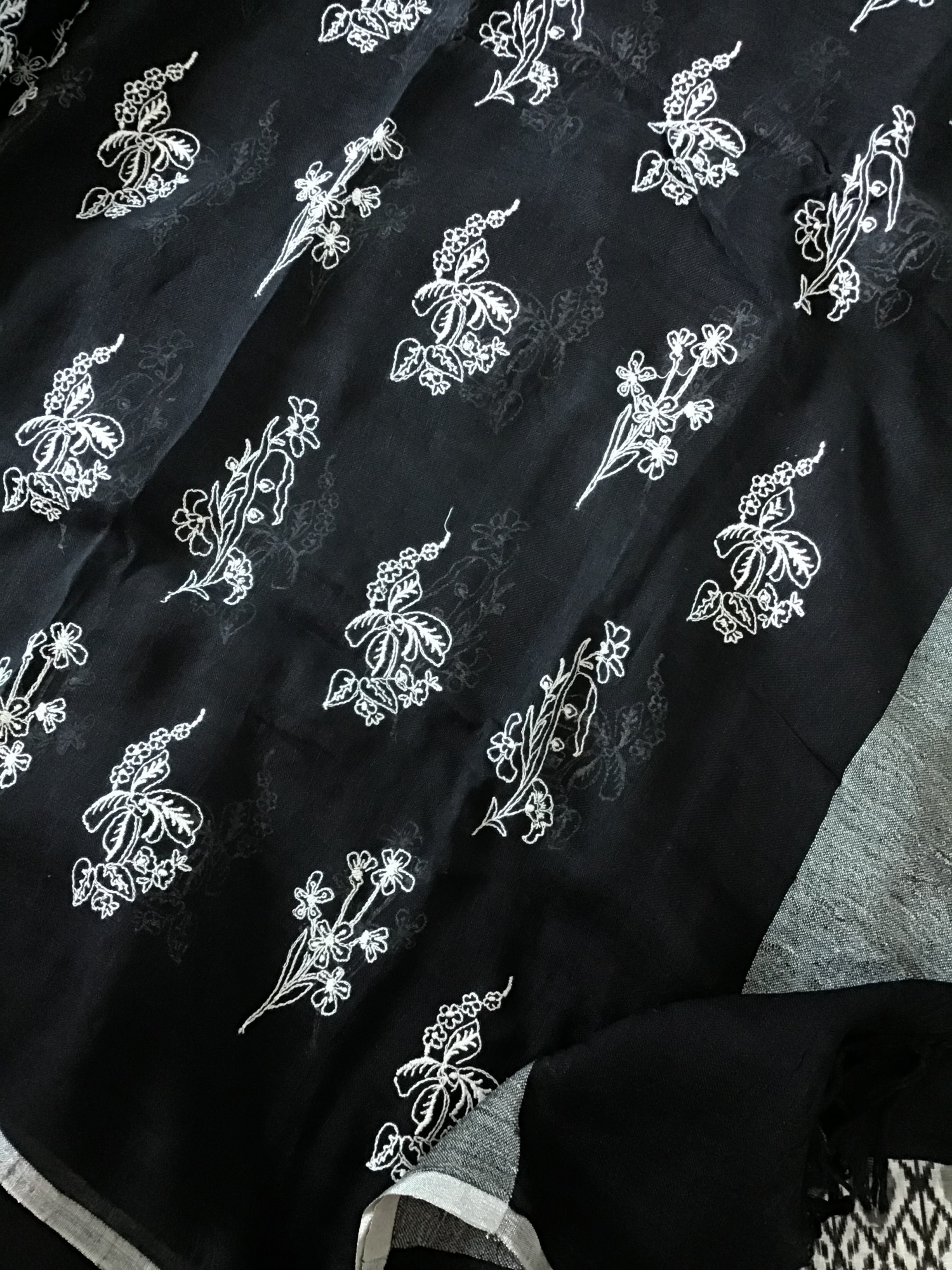 Pure Linen Jute Cotton Printed Embroidered Suit - Black