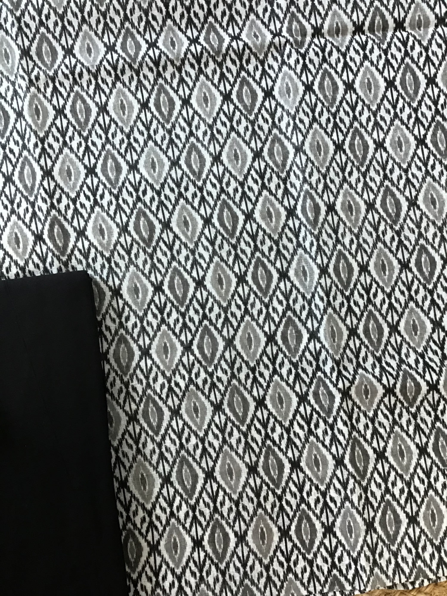 Pure Linen Jute Cotton Printed Embroidered Suit - Black