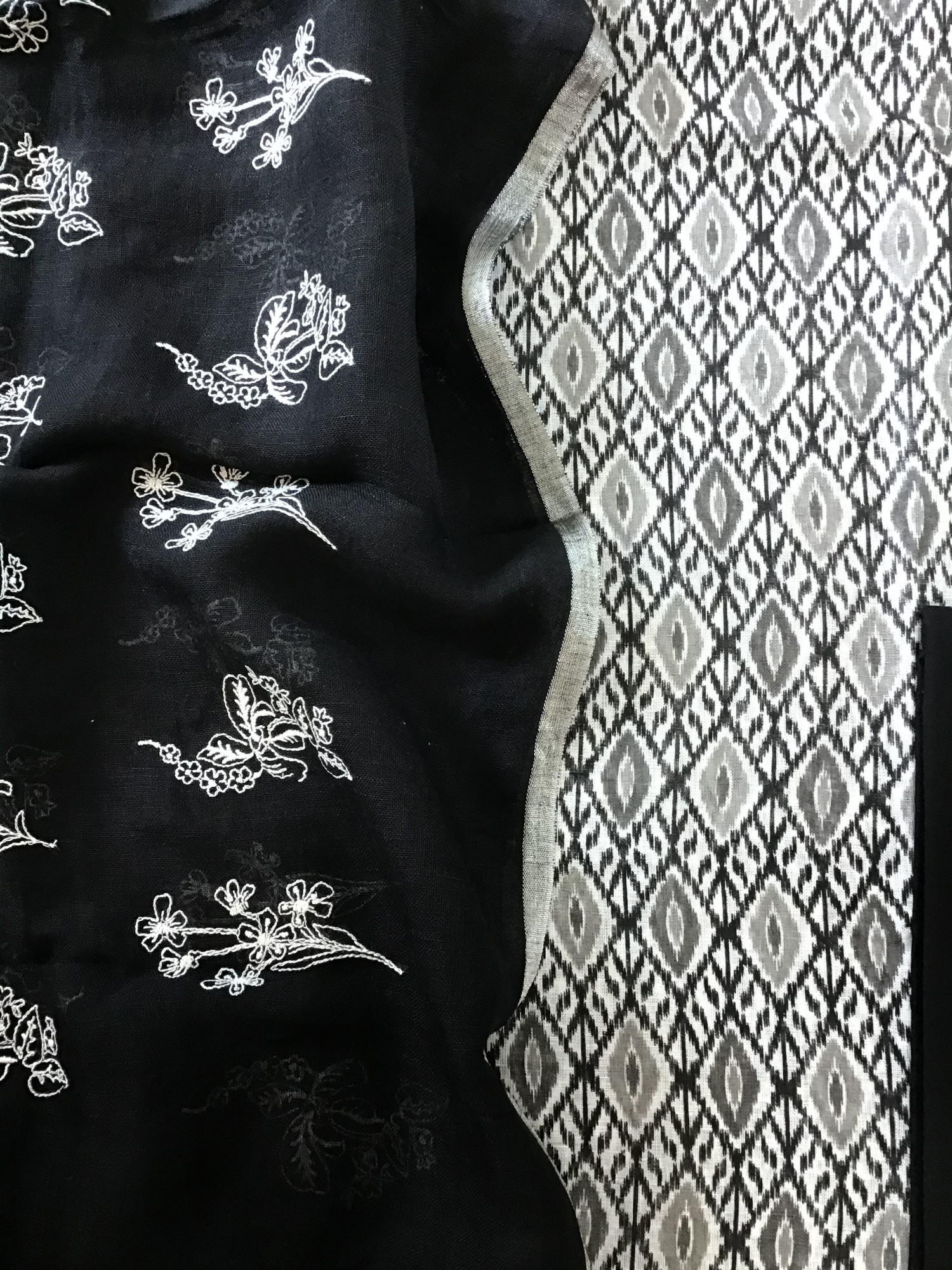 Pure Linen Jute Cotton Printed Embroidered Suit - Black