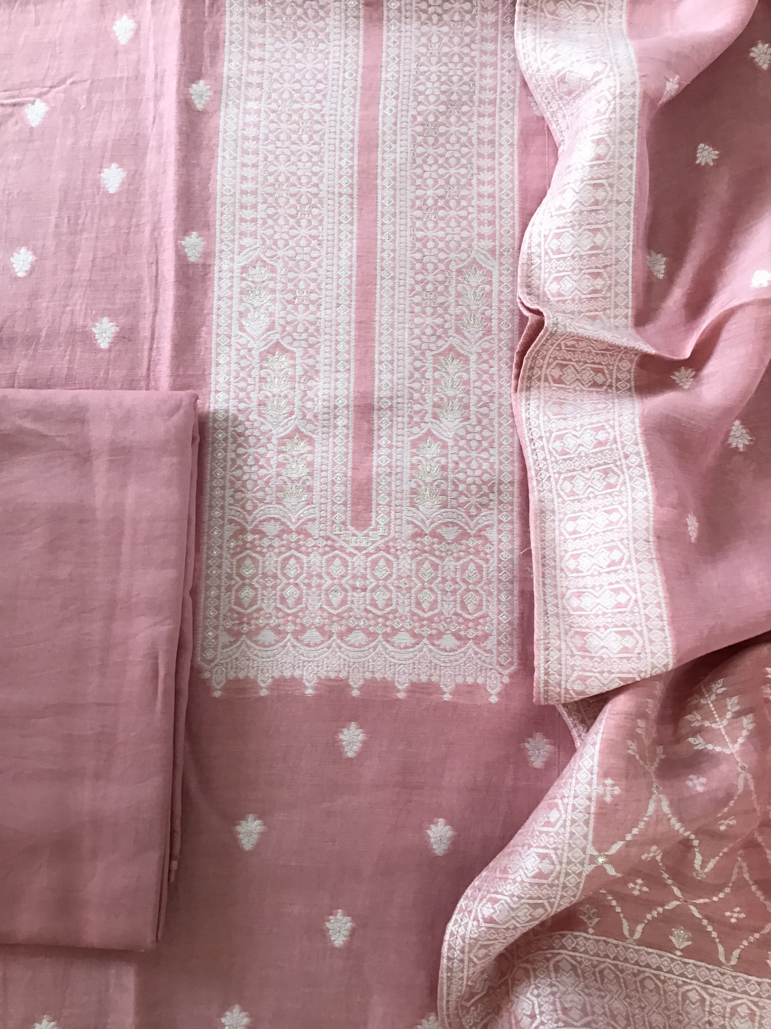 Pure Linen Chanderi Jamdani Weaved Suit - Pink