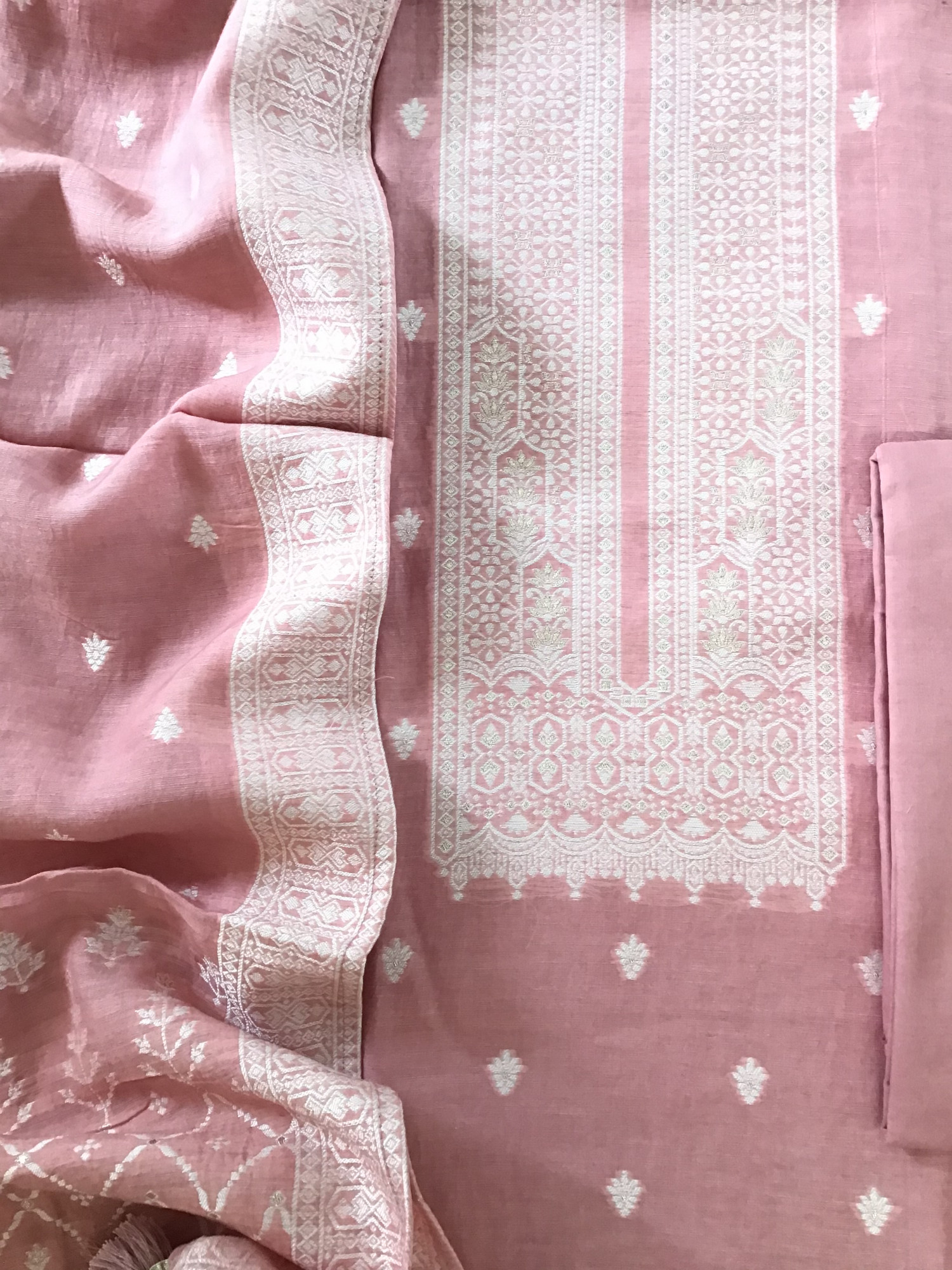 Pure Linen Chanderi Jamdani Weaved Suit - Pink