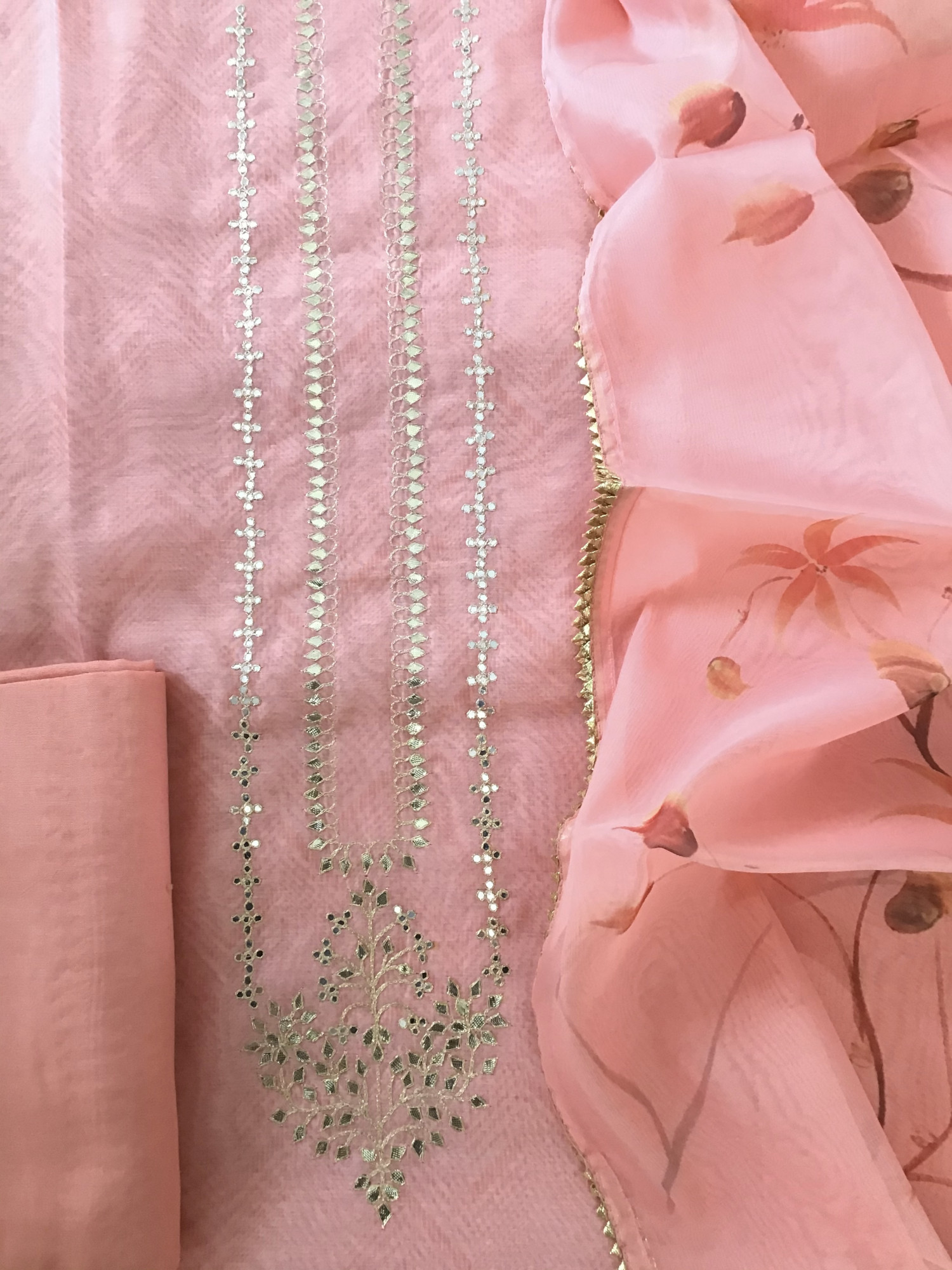 Soft Organza Printed Embroidered Suit - Peach