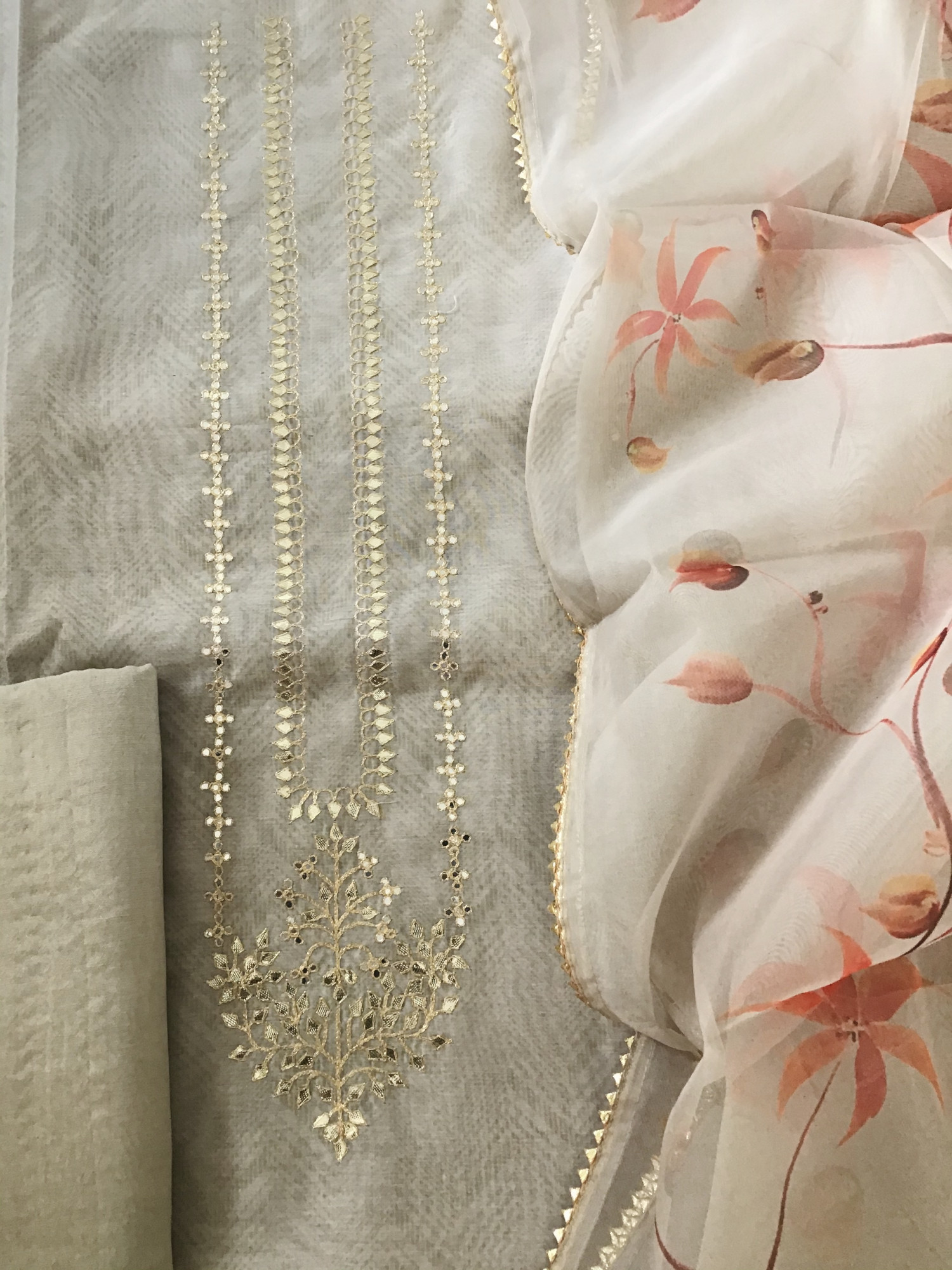 Soft Organza Printed Embroidered Suit - Beige