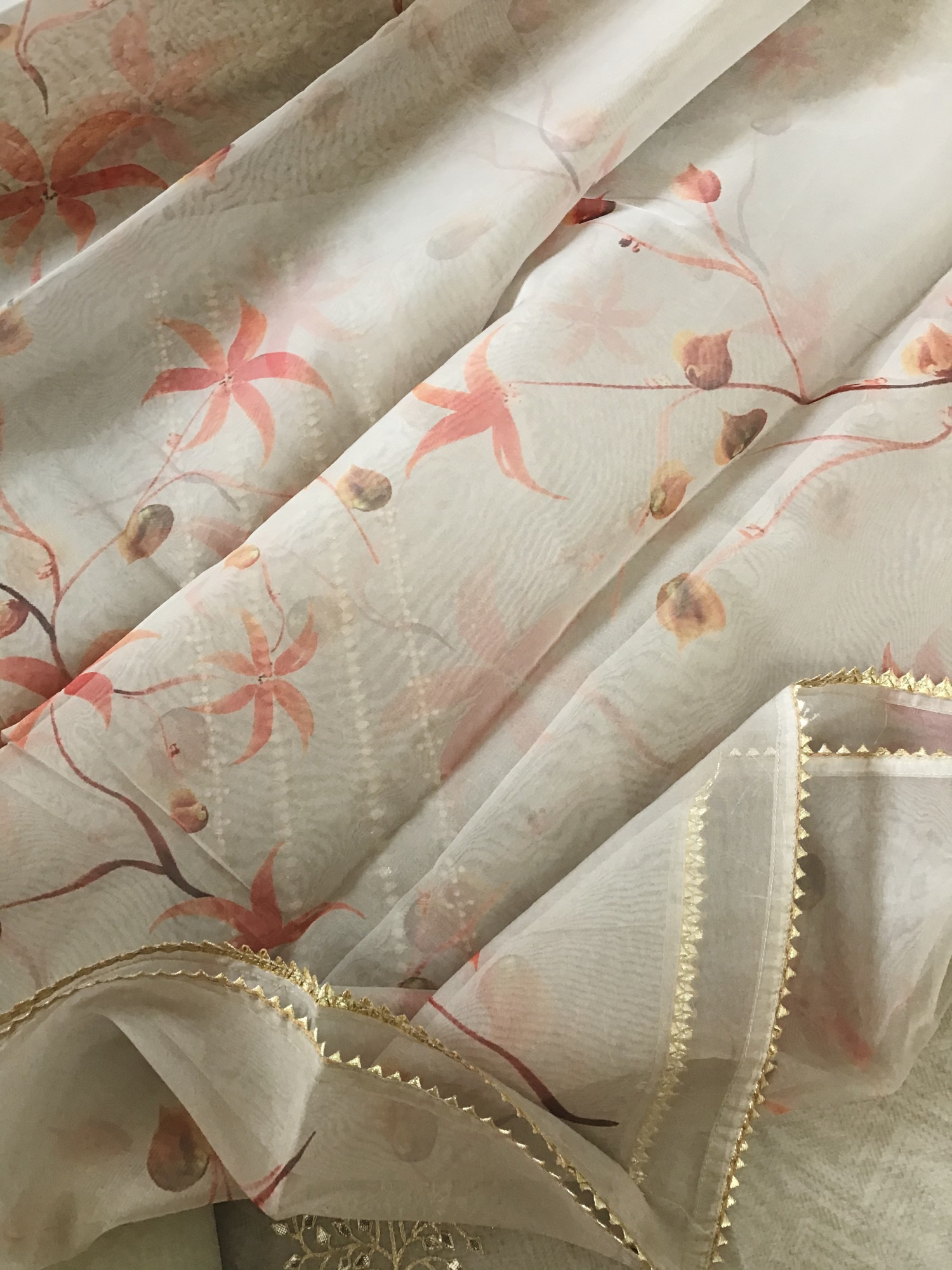 Soft Organza Printed Embroidered Suit - Beige