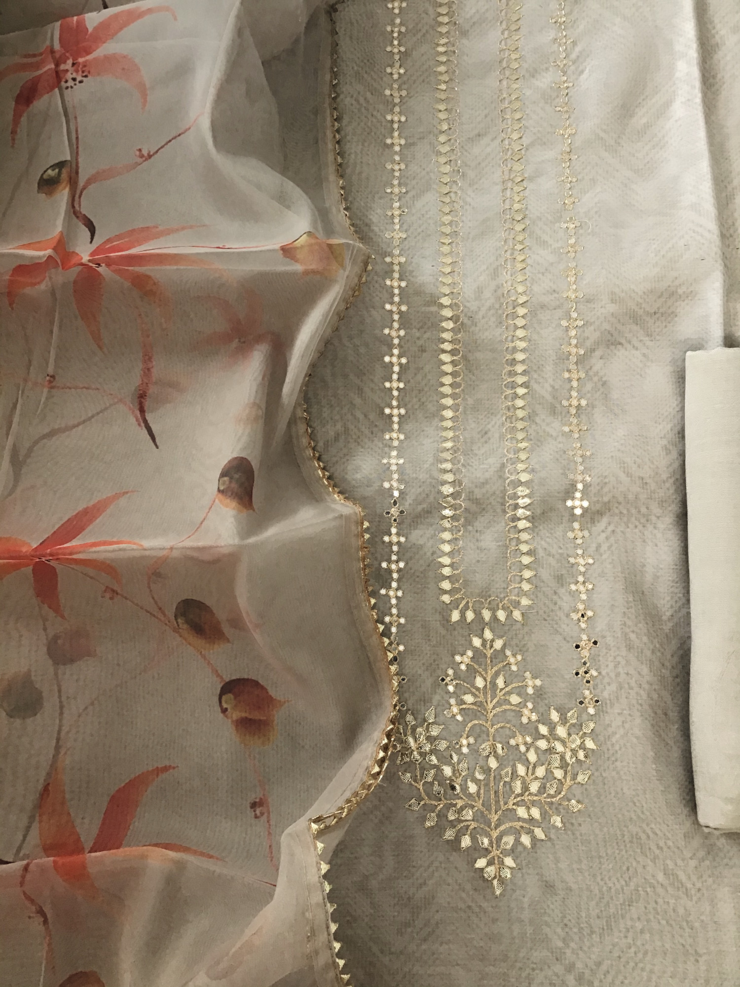 Soft Organza Printed Embroidered Suit - Beige