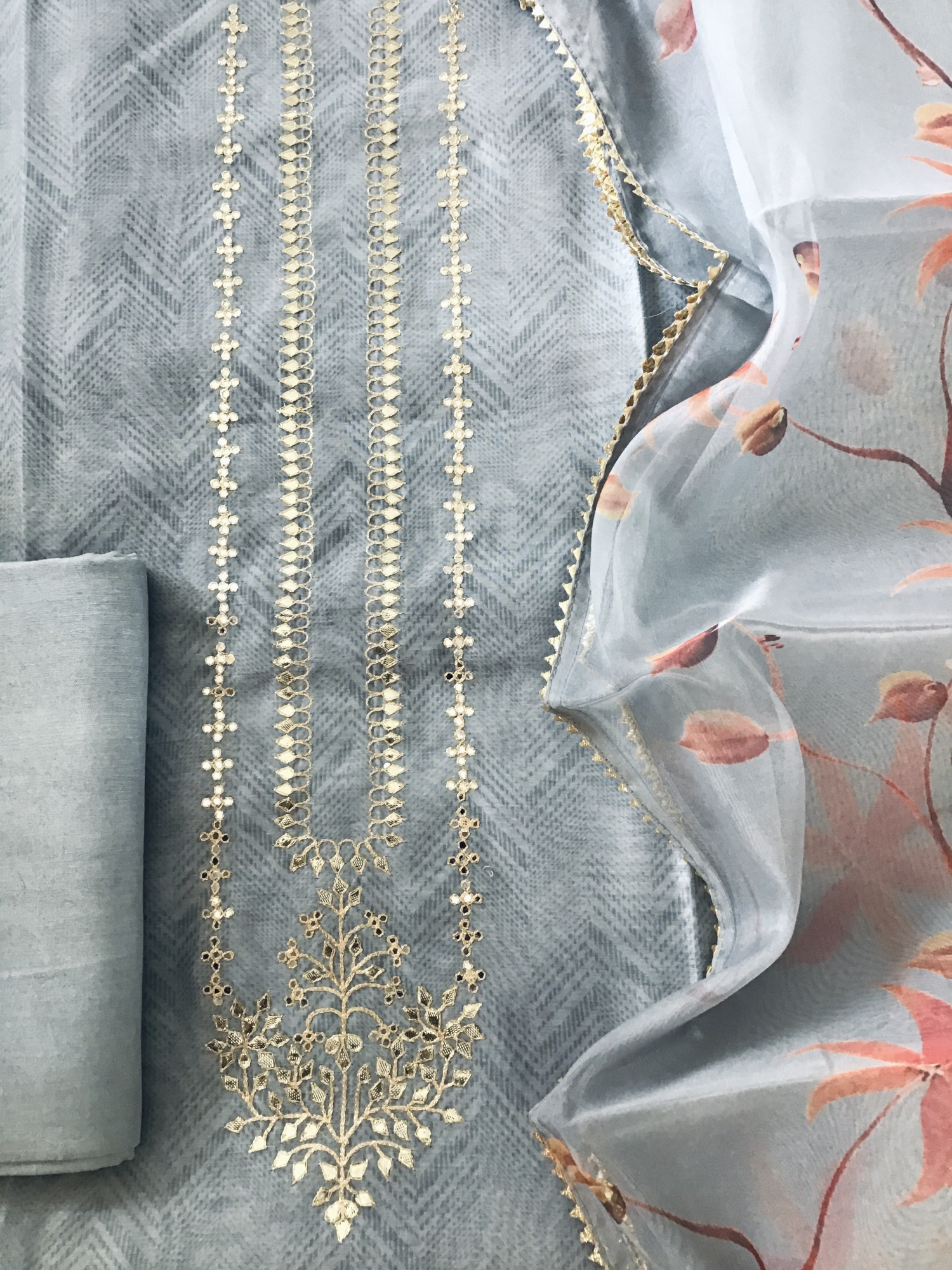 Soft Organza Printed Embroidered Suit - Grey