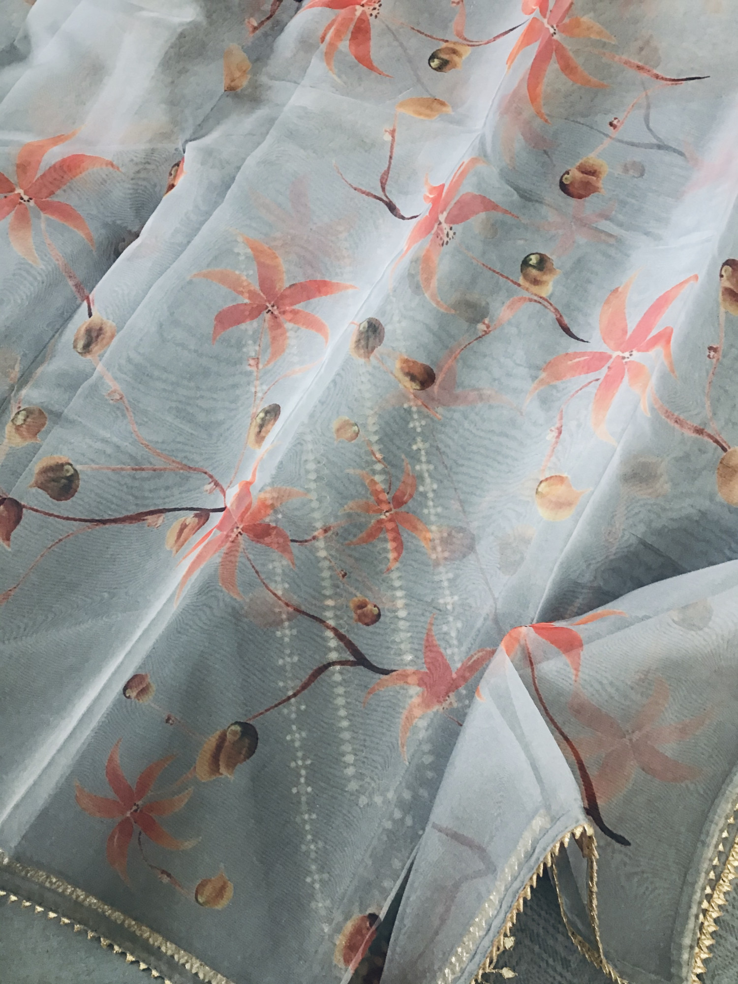 Soft Organza Printed Embroidered Suit - Grey