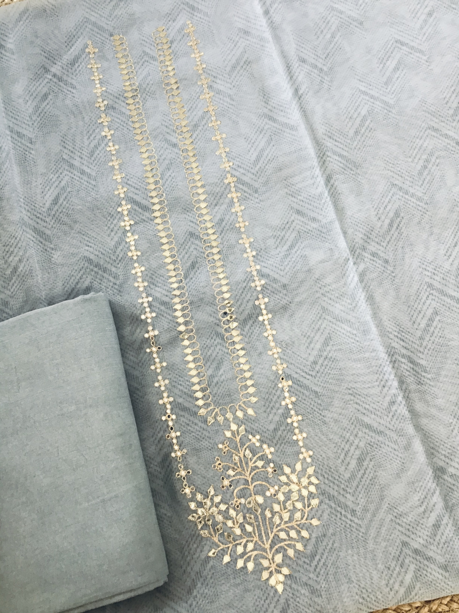 Soft Organza Printed Embroidered Suit - Grey