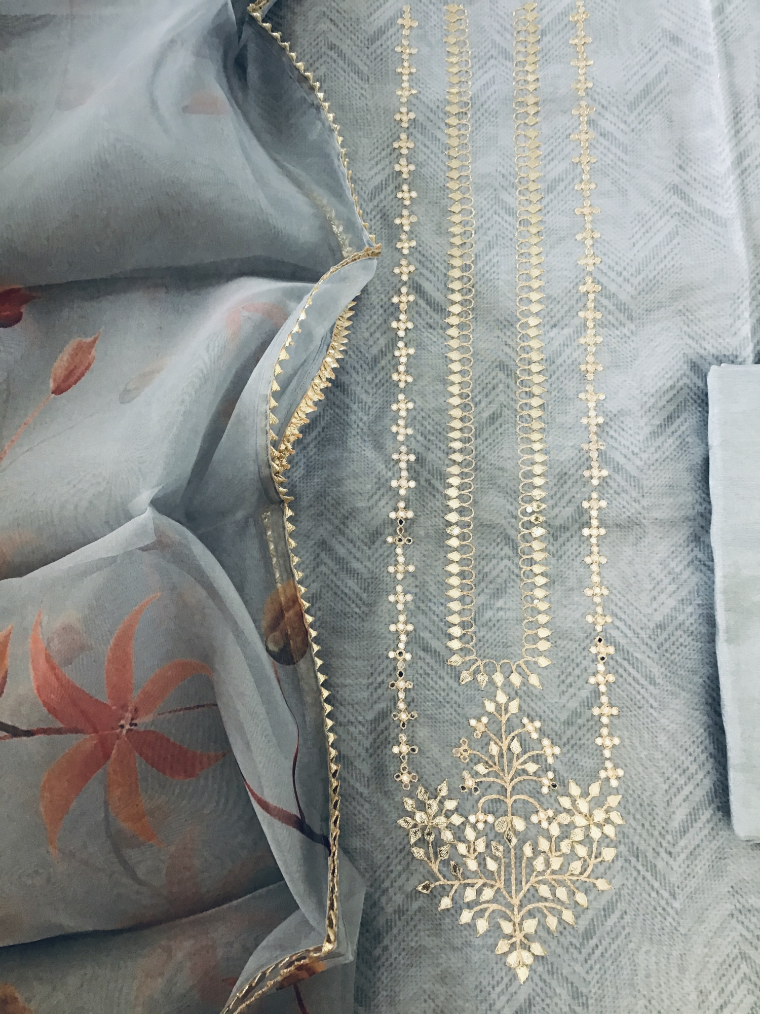 Soft Organza Printed Embroidered Suit - Grey