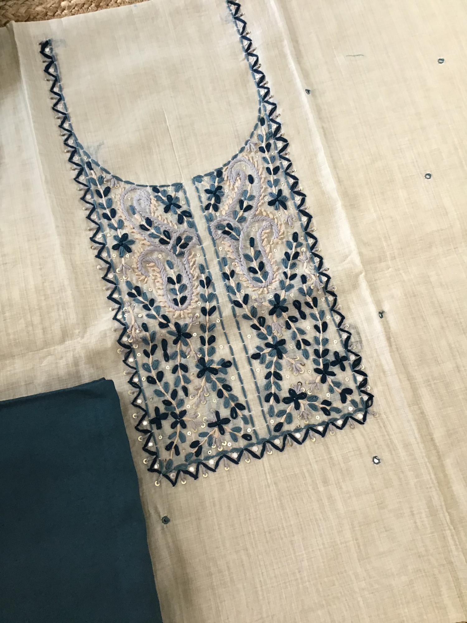 Soft Slub Chanderi Embroidered Suit - BeigeDarkGreen