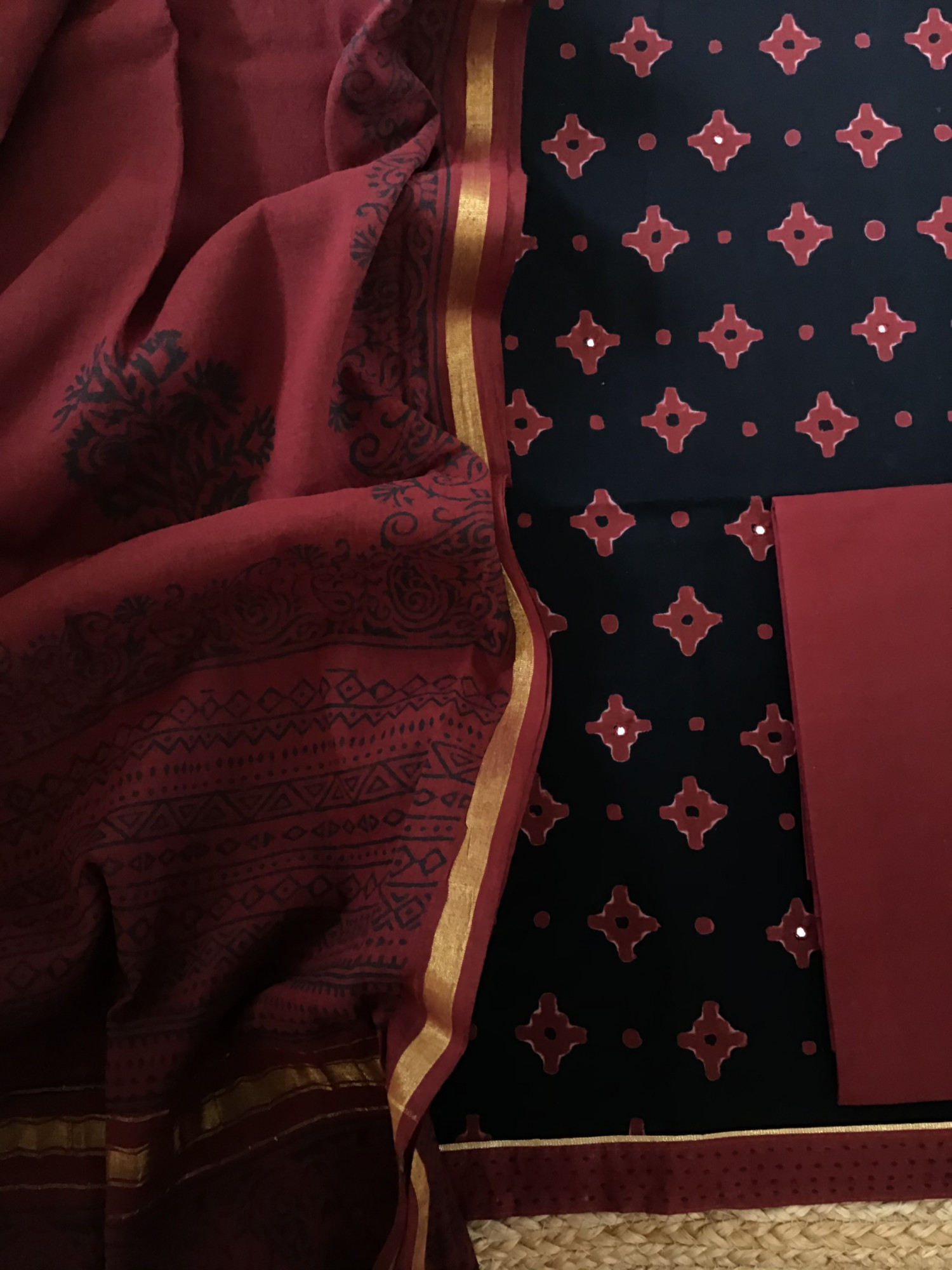 Pure Cotton Printed Embroidered Suit - Black