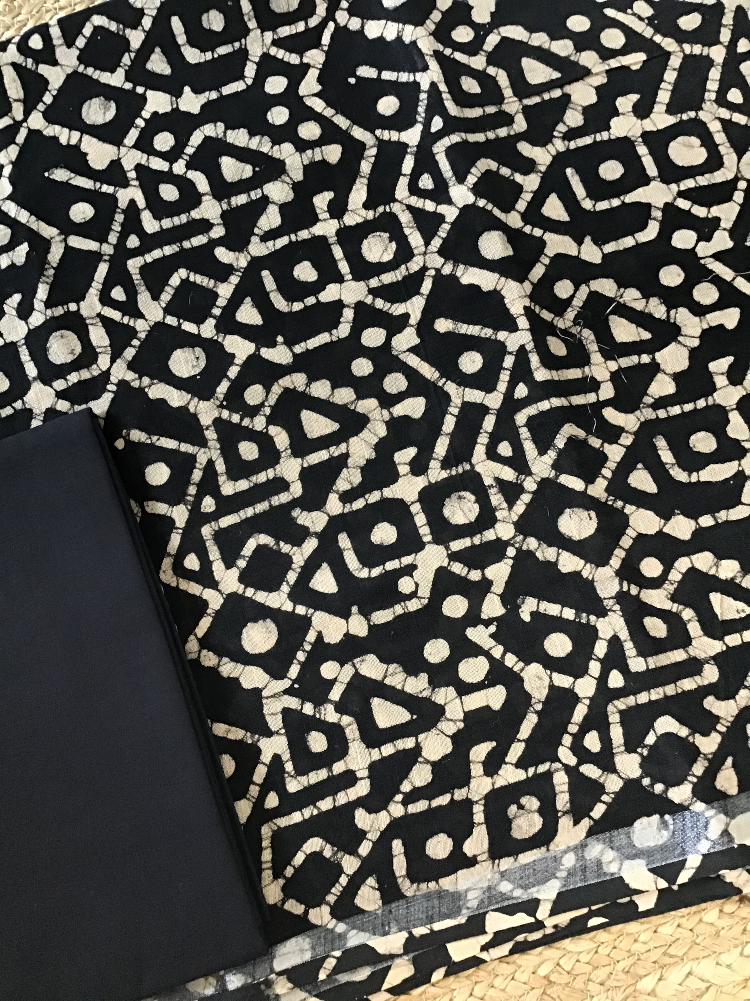 Pure Linen Jute Cotton SilkPrinted Suit - Black
