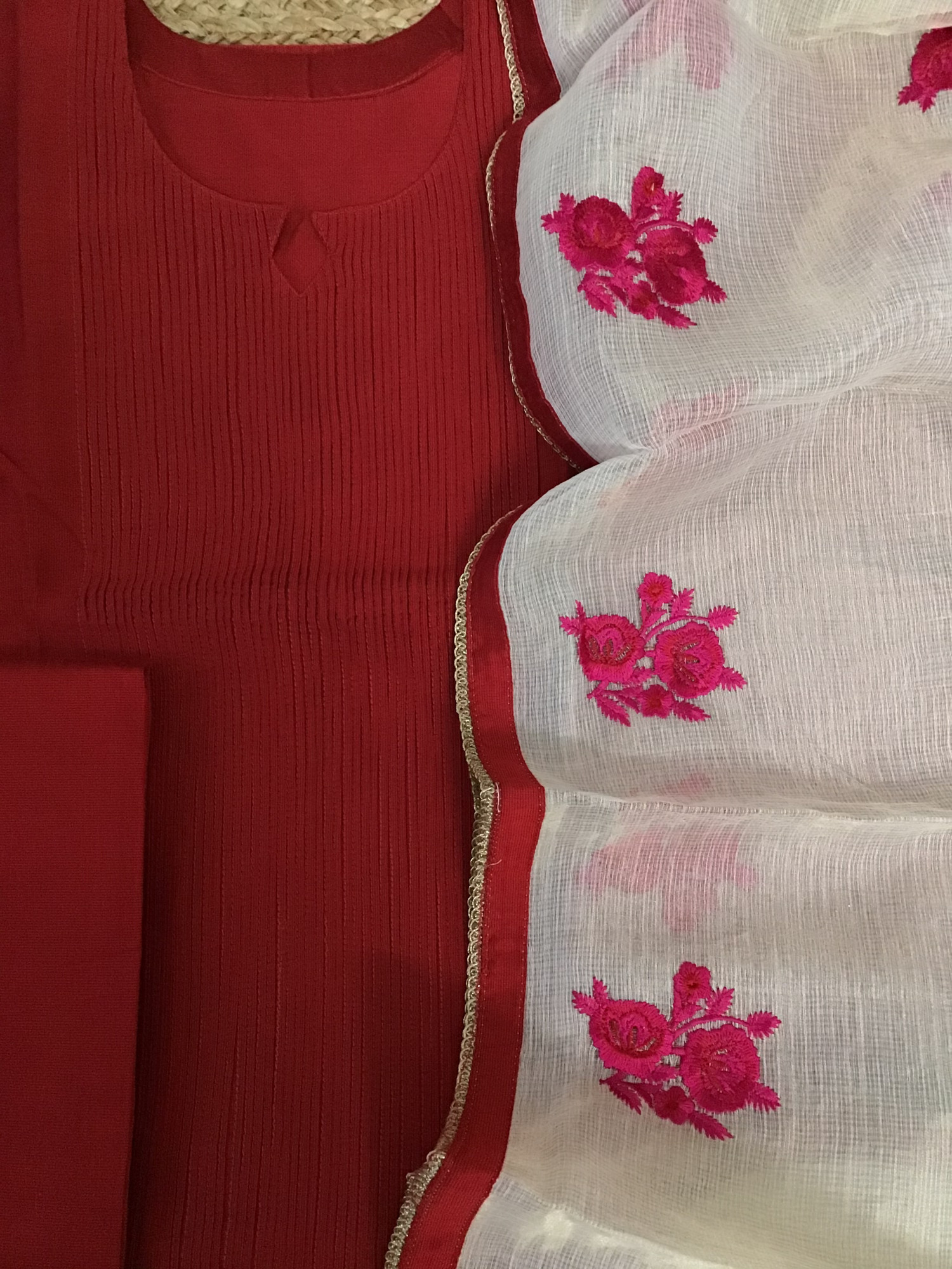 Pure Cotton Silk Embroidered Suit - Red