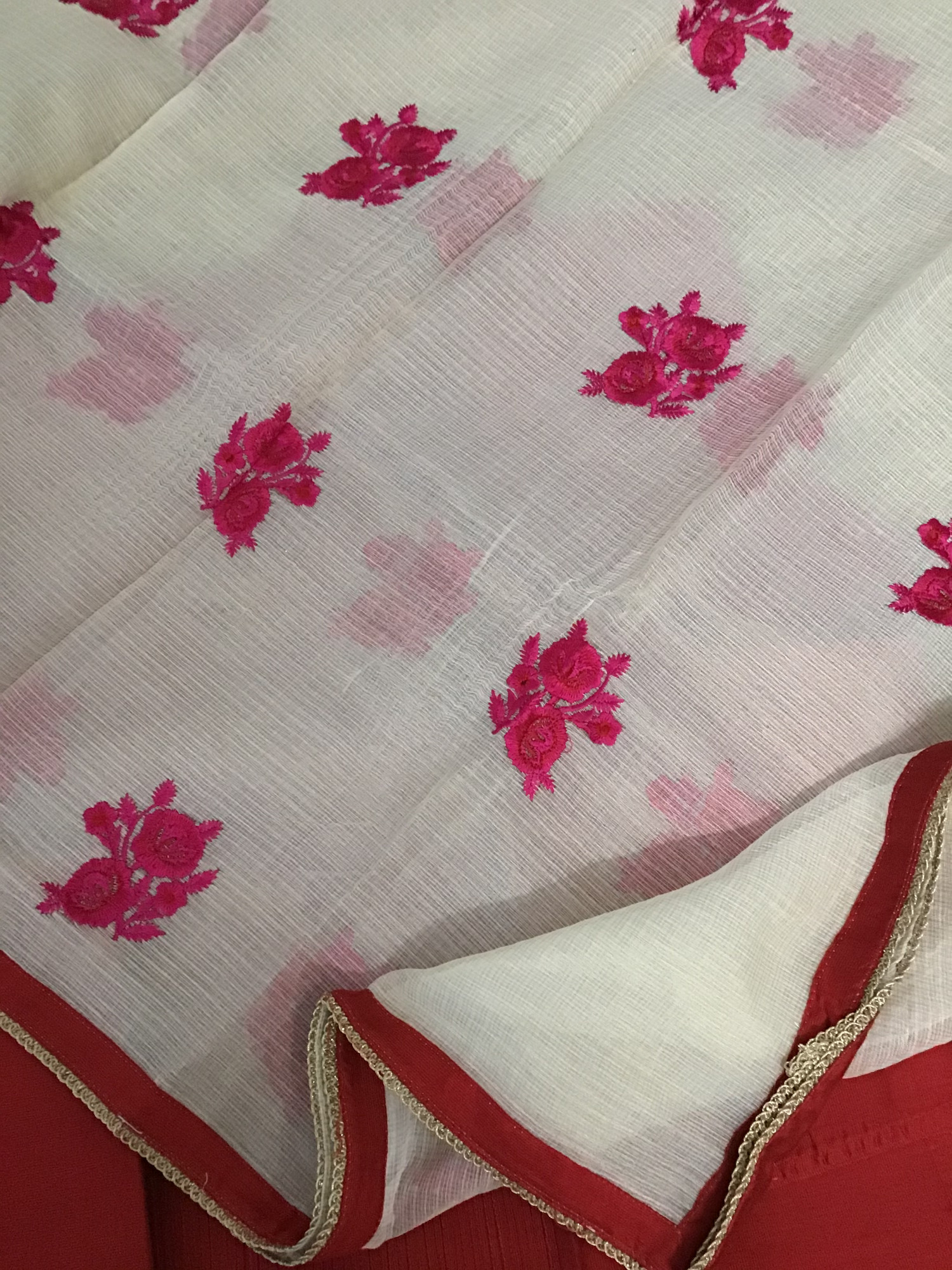 Pure Cotton Silk Embroidered Suit - Red