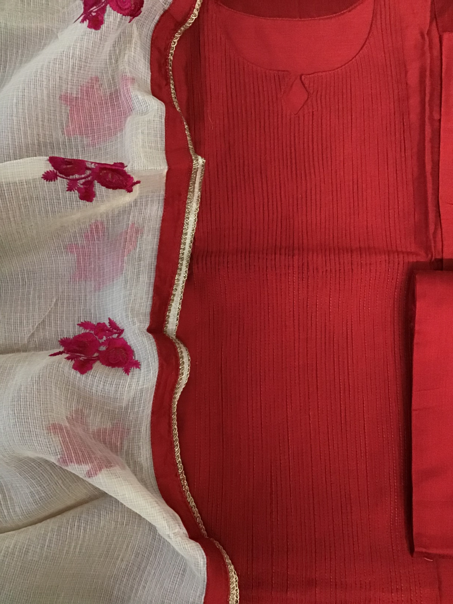 Pure Cotton Silk Embroidered Suit - Red