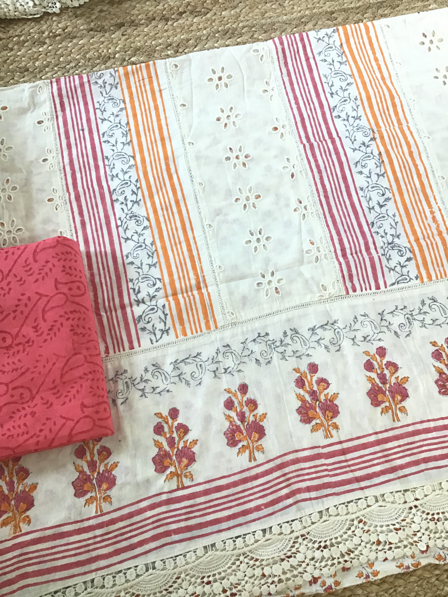 Pure Cotton Printed Embroidered Suit - Offwhite