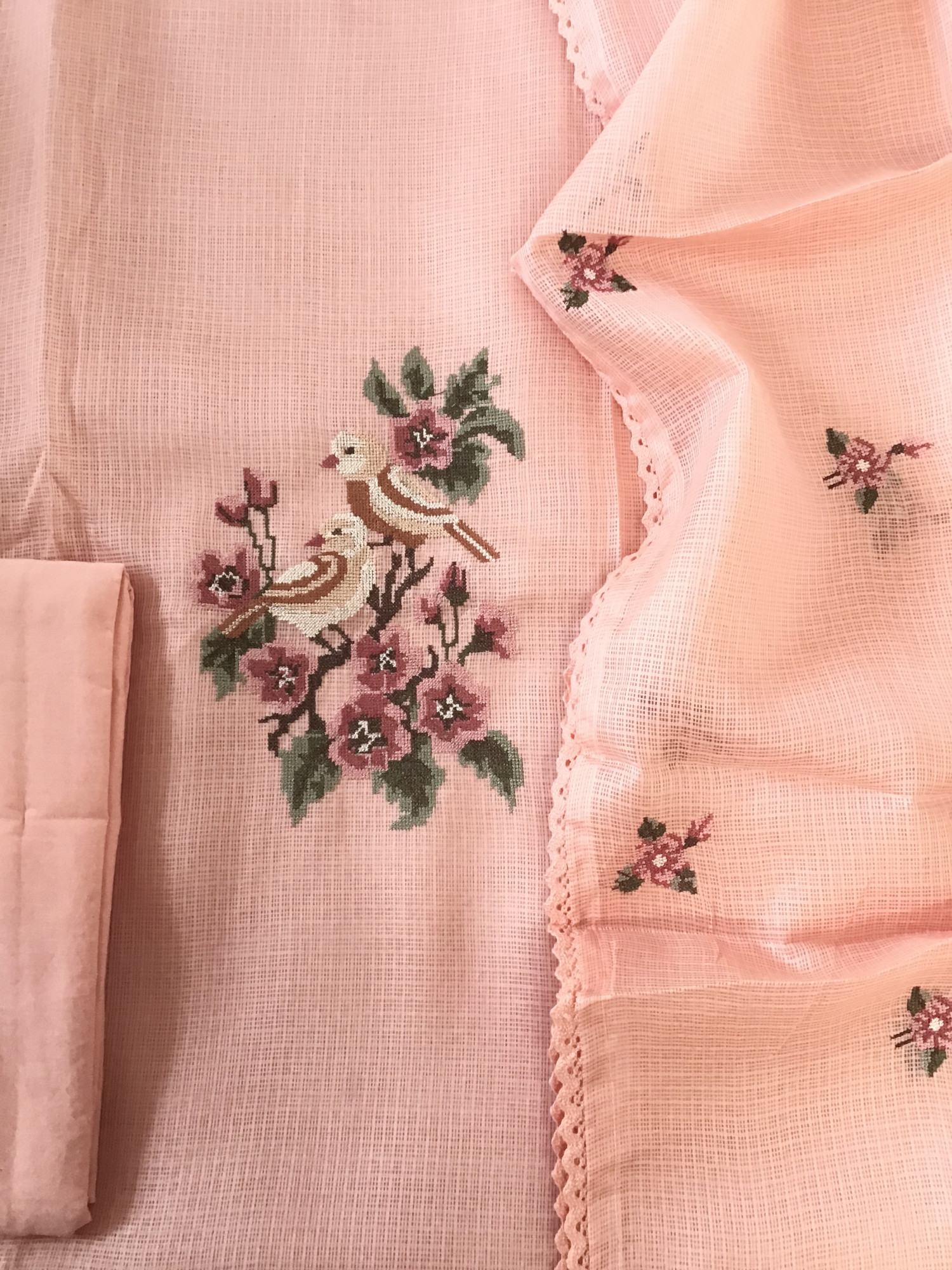 Soft Kota Silk Embroidered Suit - Peach