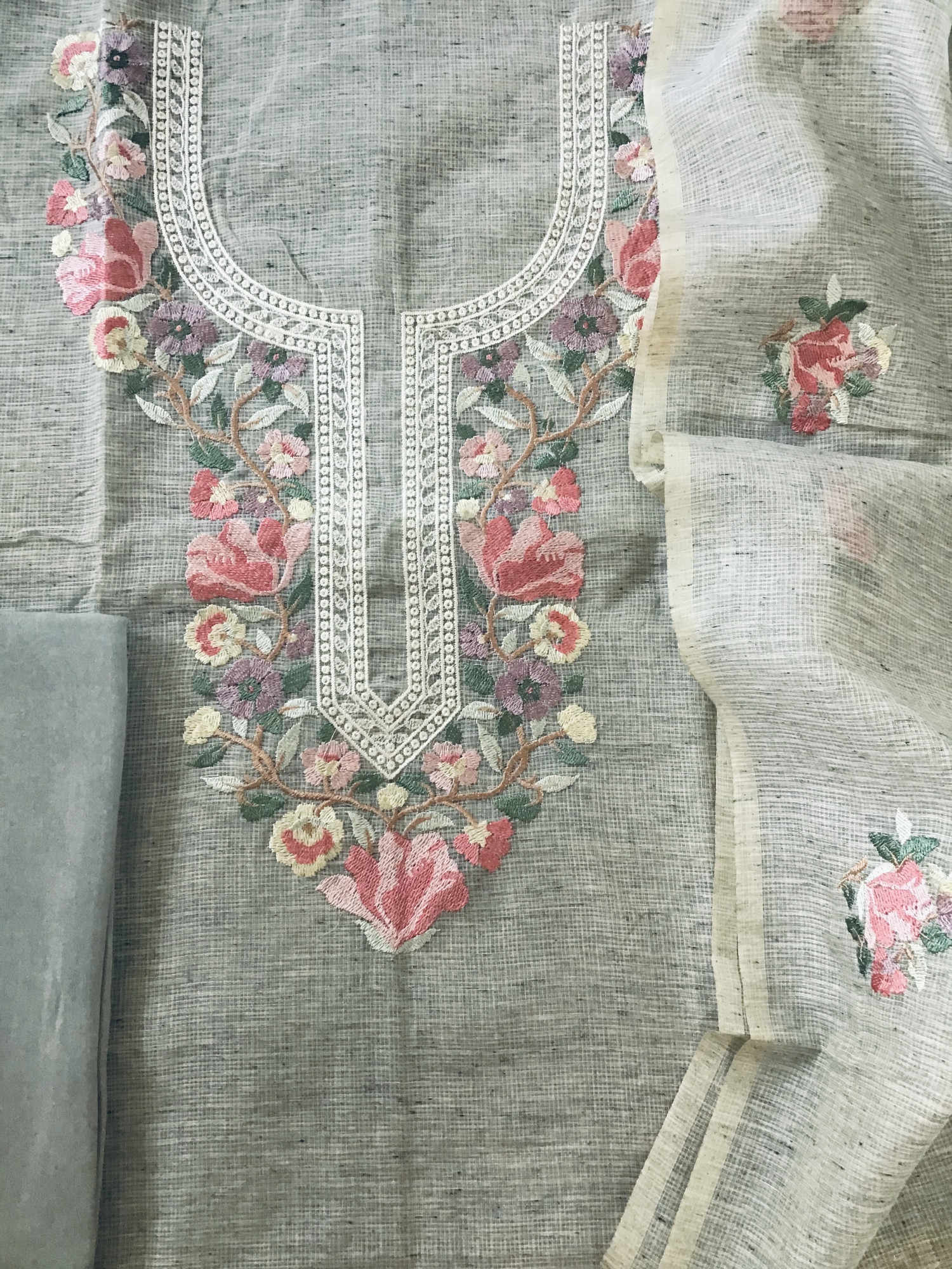 Soft Tissue Kota Silk Embroidered Suit - Grey