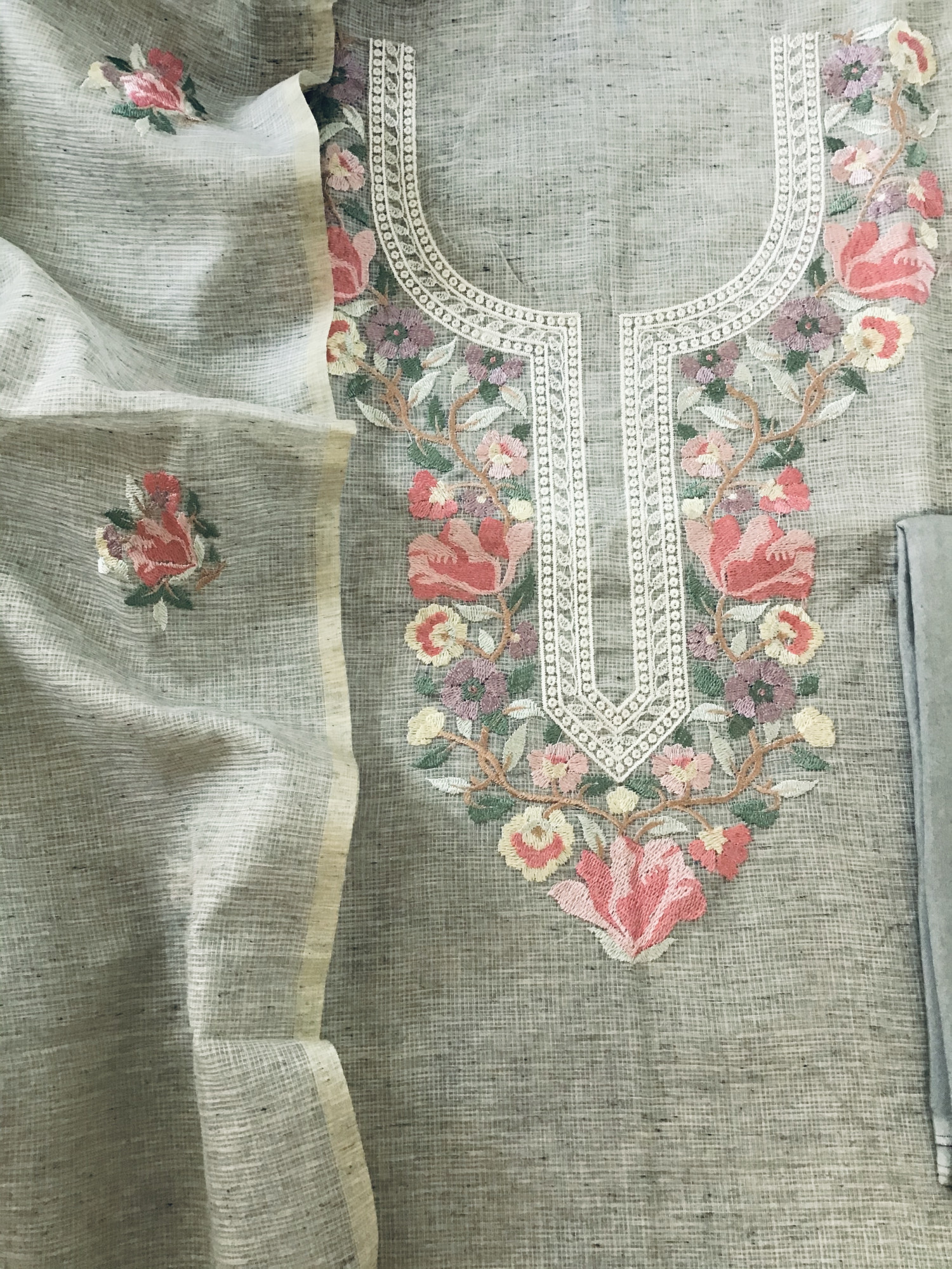 Soft Tissue Kota Silk Embroidered Suit - Grey