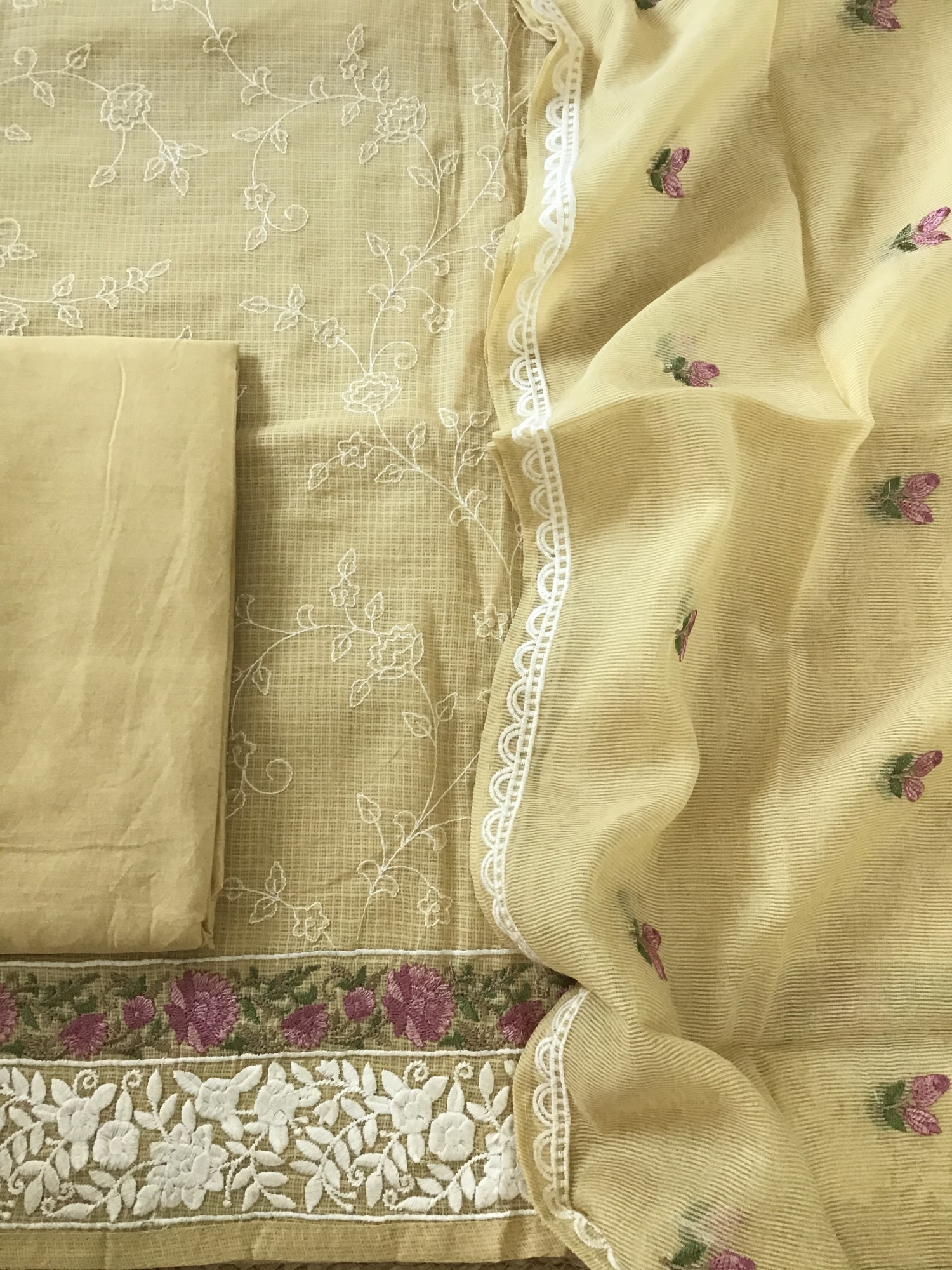 Pure Kota Cotton Embroidered Suit - Yellow