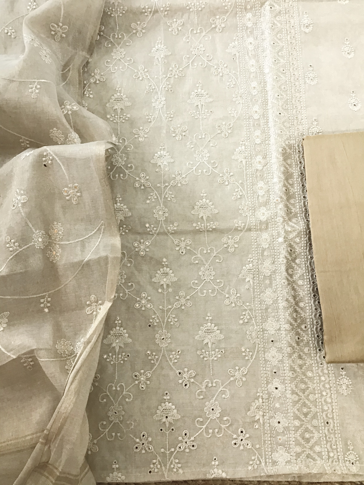 Pure Tissue Chanderi Embroidered Suit - Beige
