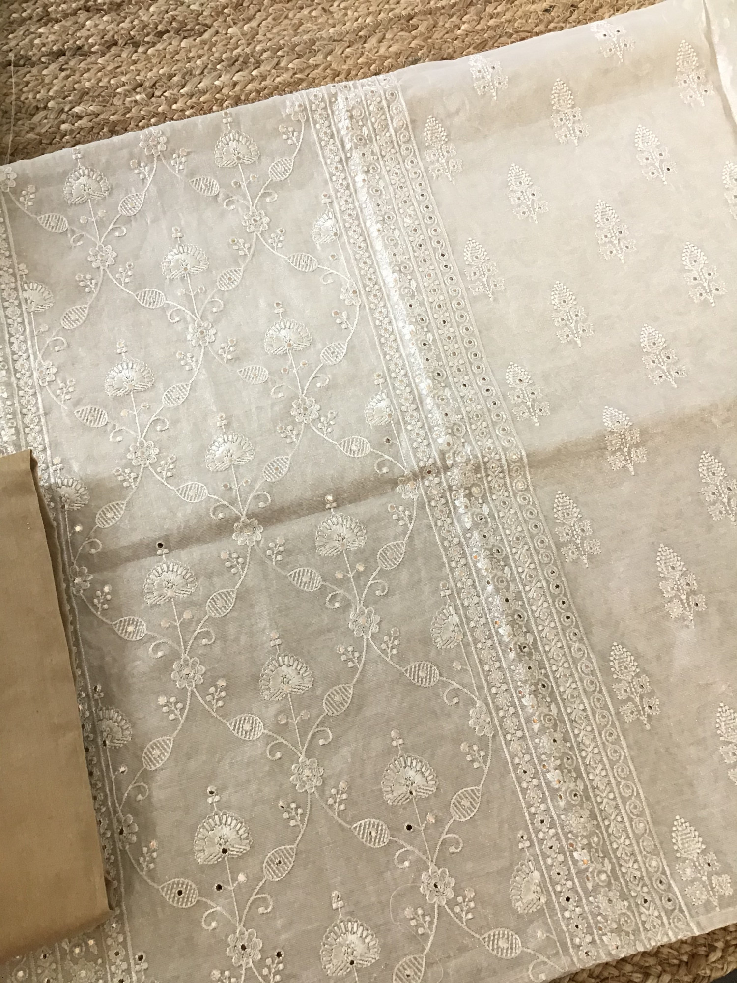 Pure Tissue Chanderi Embroidered Suit - Beige