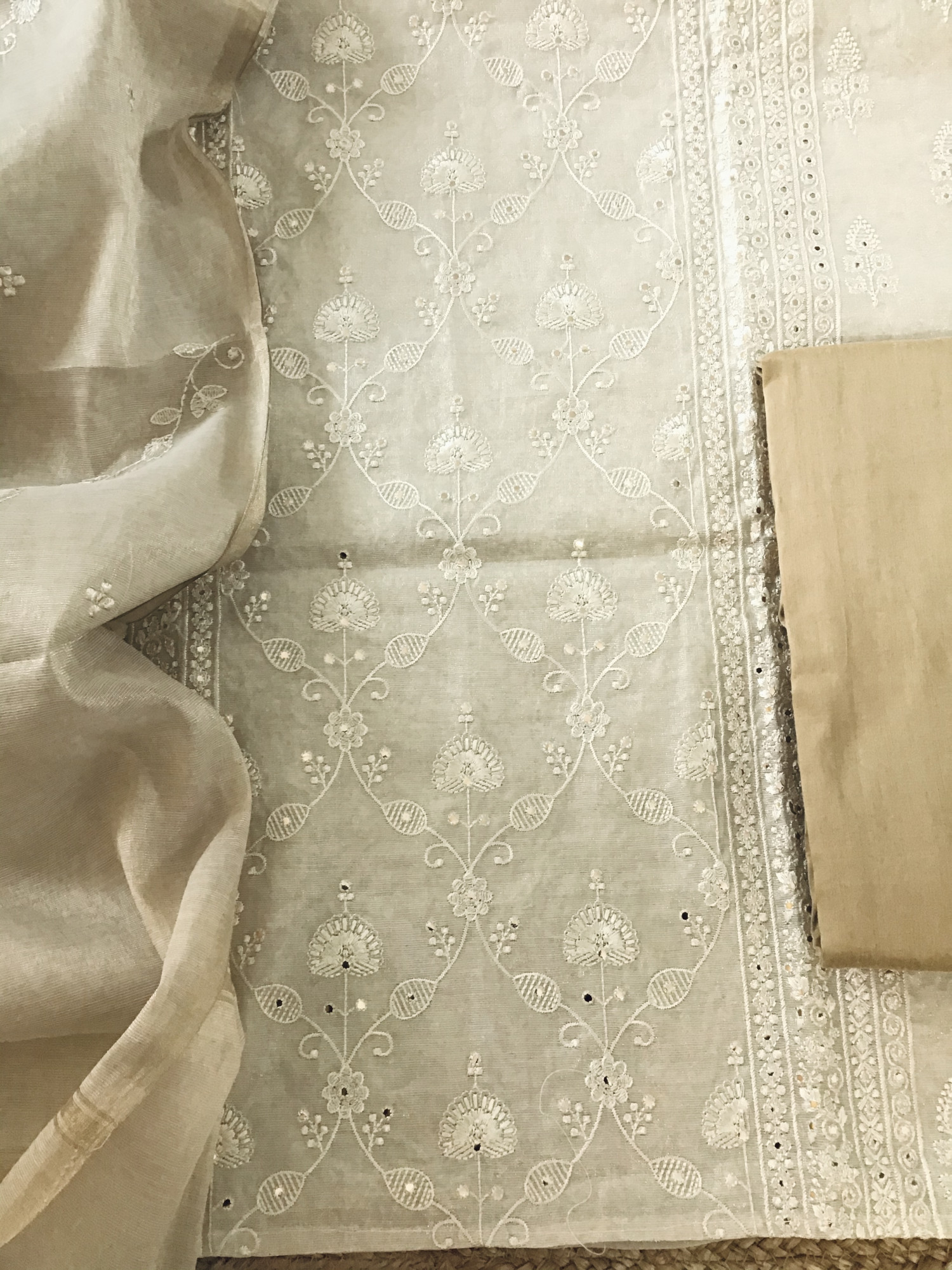 Pure Tissue Chanderi Embroidered Suit - Beige