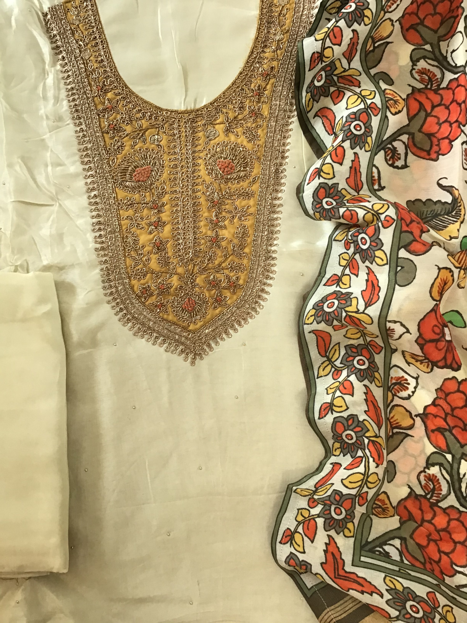 Pure Upada Silk Embroidered Suit - Beige